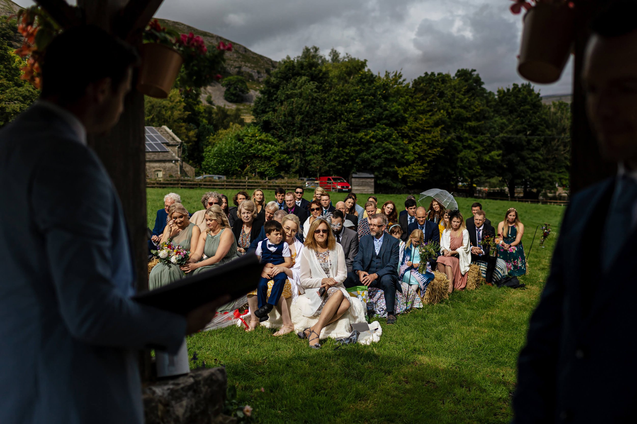 Sun shining on the wedding guests in Yorkshire