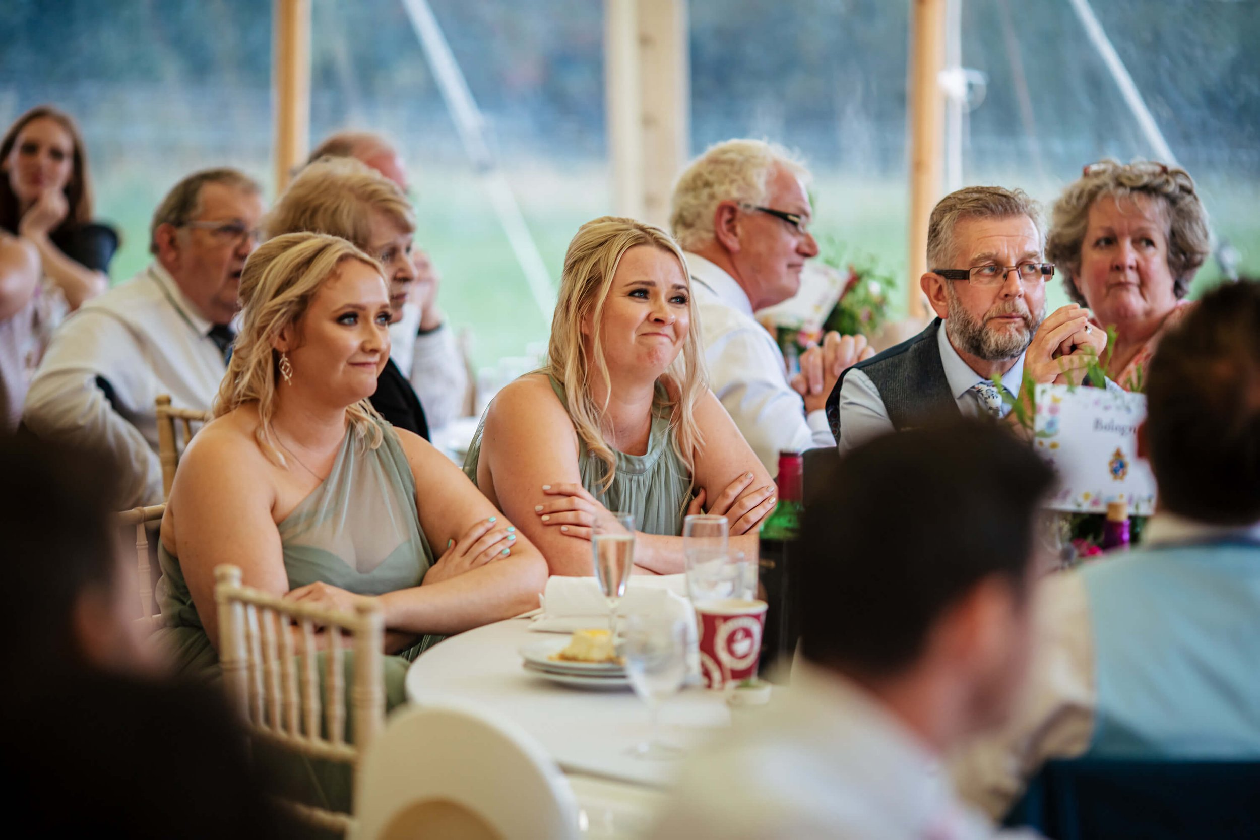 Bridesmaids reaction to the wedding speeches at Kilnsey Park