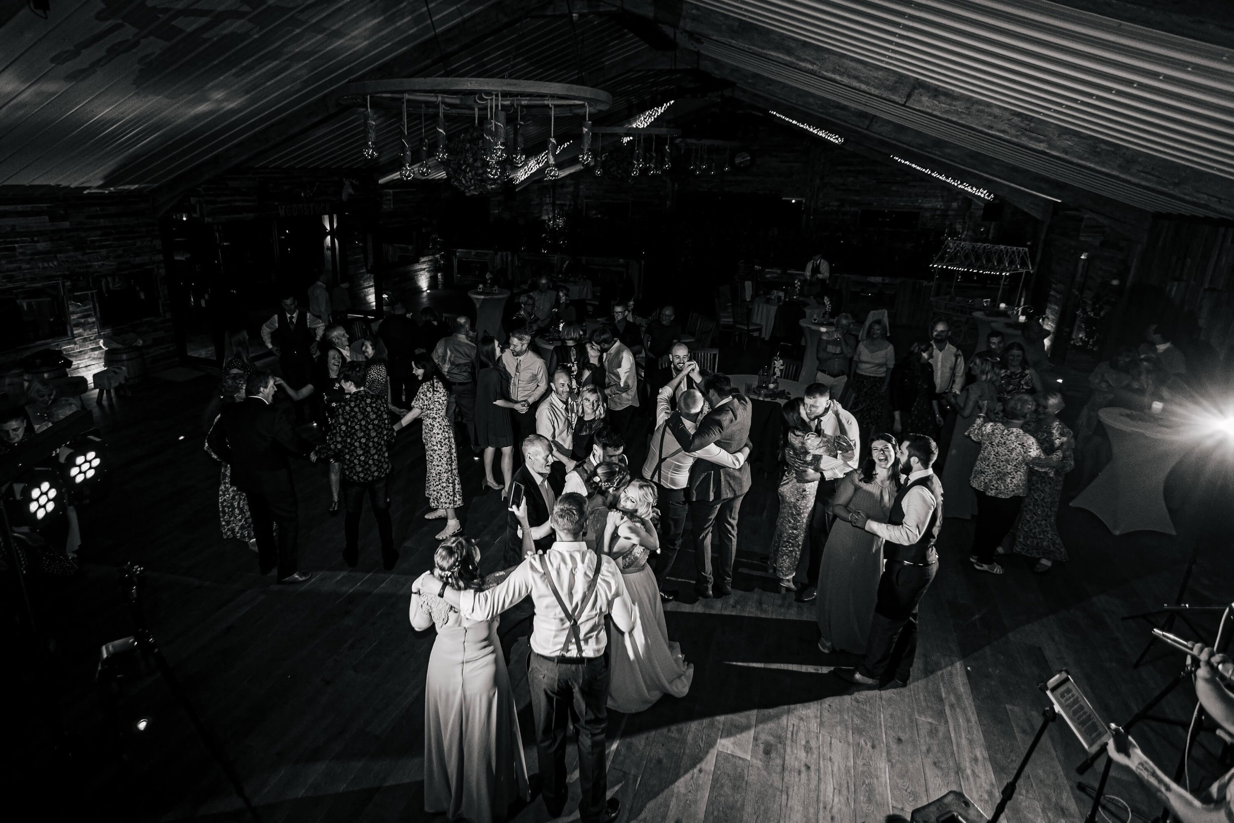 Wedding guests dancing at the evening reception