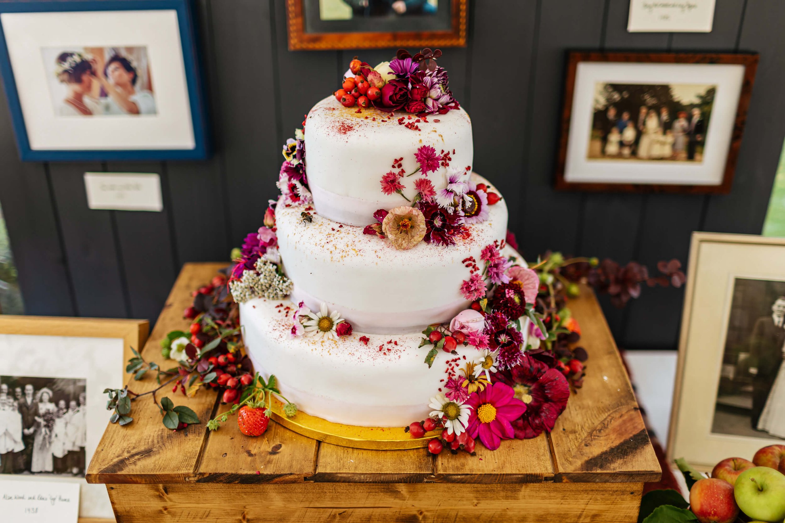 A wedding cake with beautifully decorated with flowers