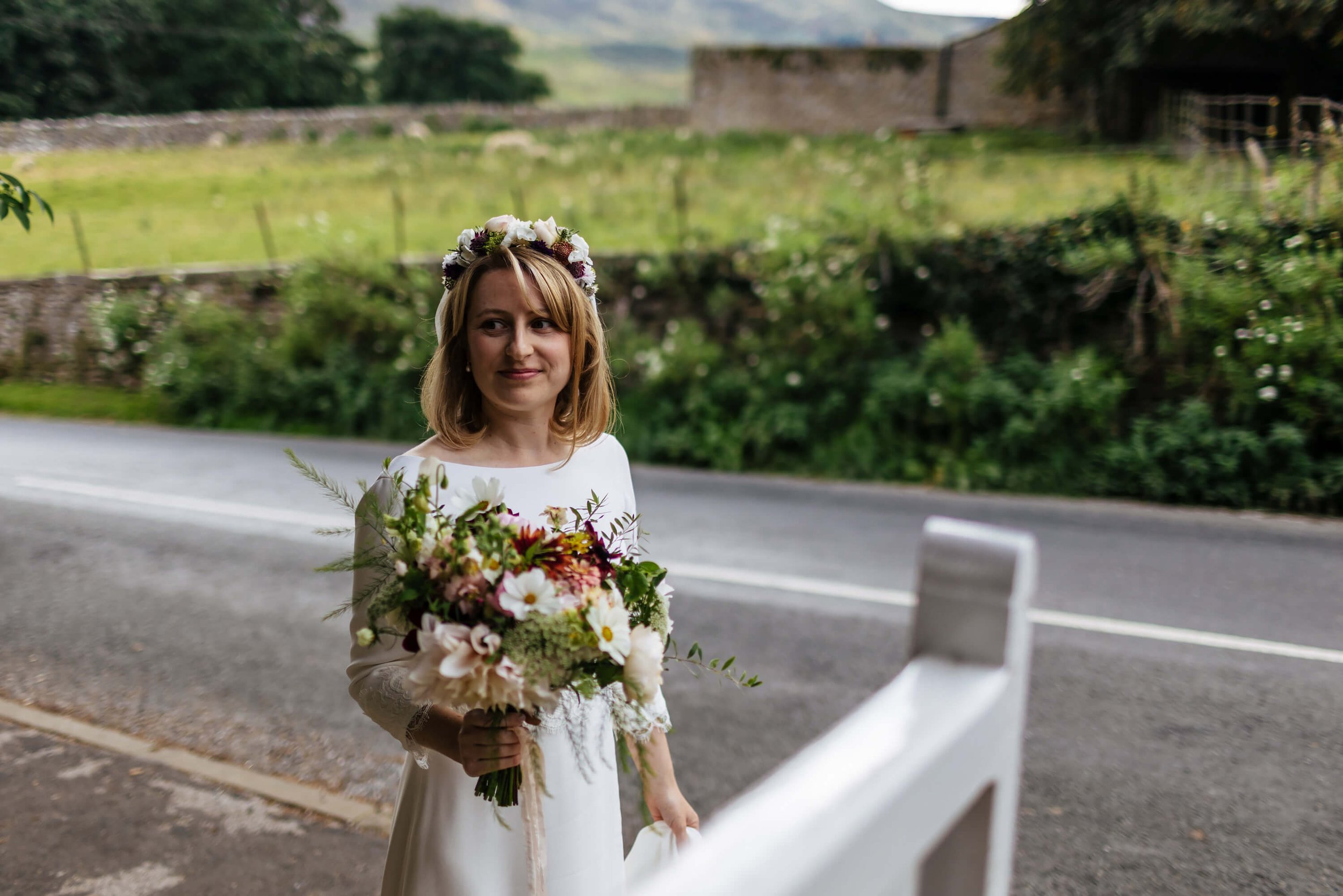 A bride on her wedding day in Burnsall