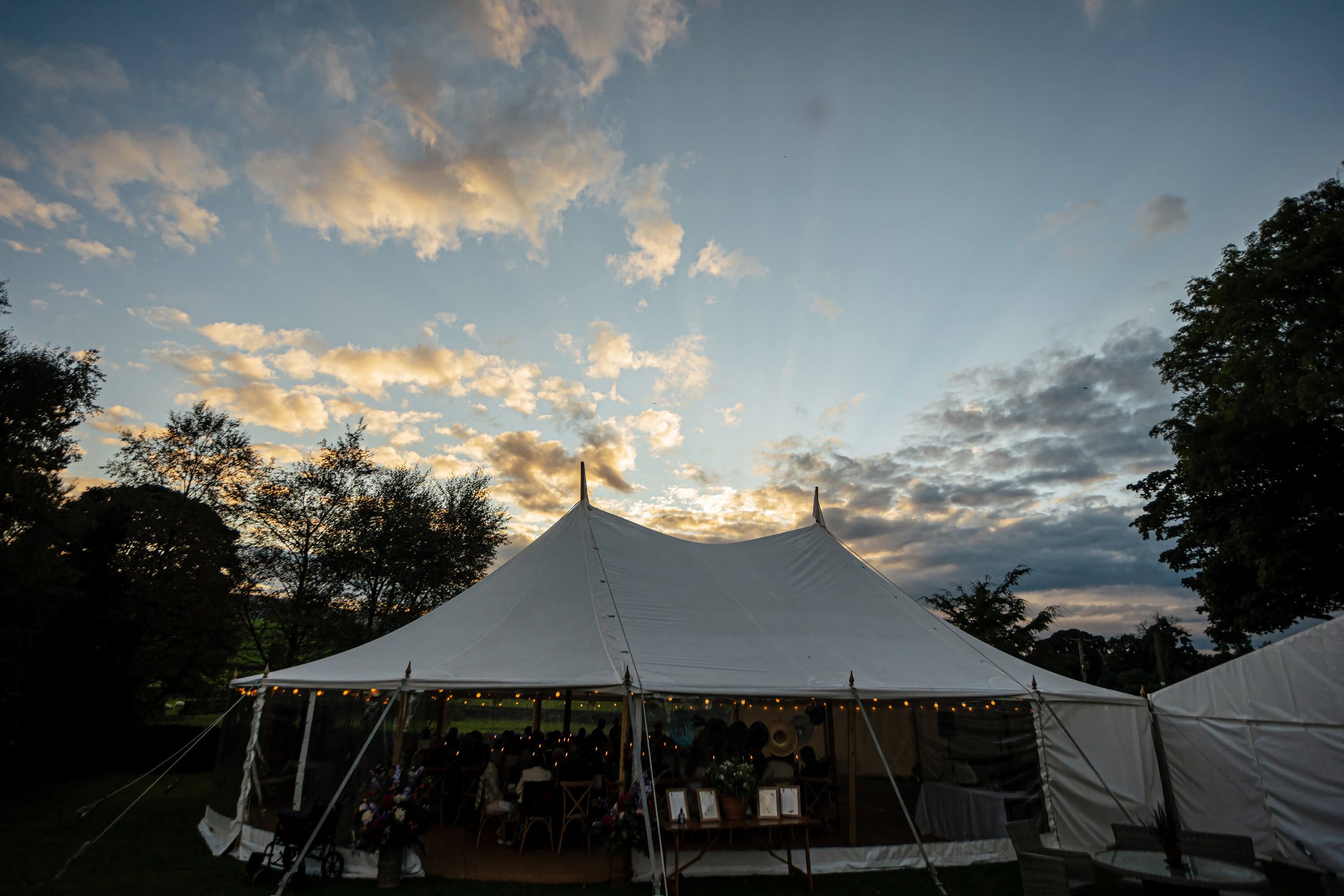 Wedding marquee at sunset in Burnsall