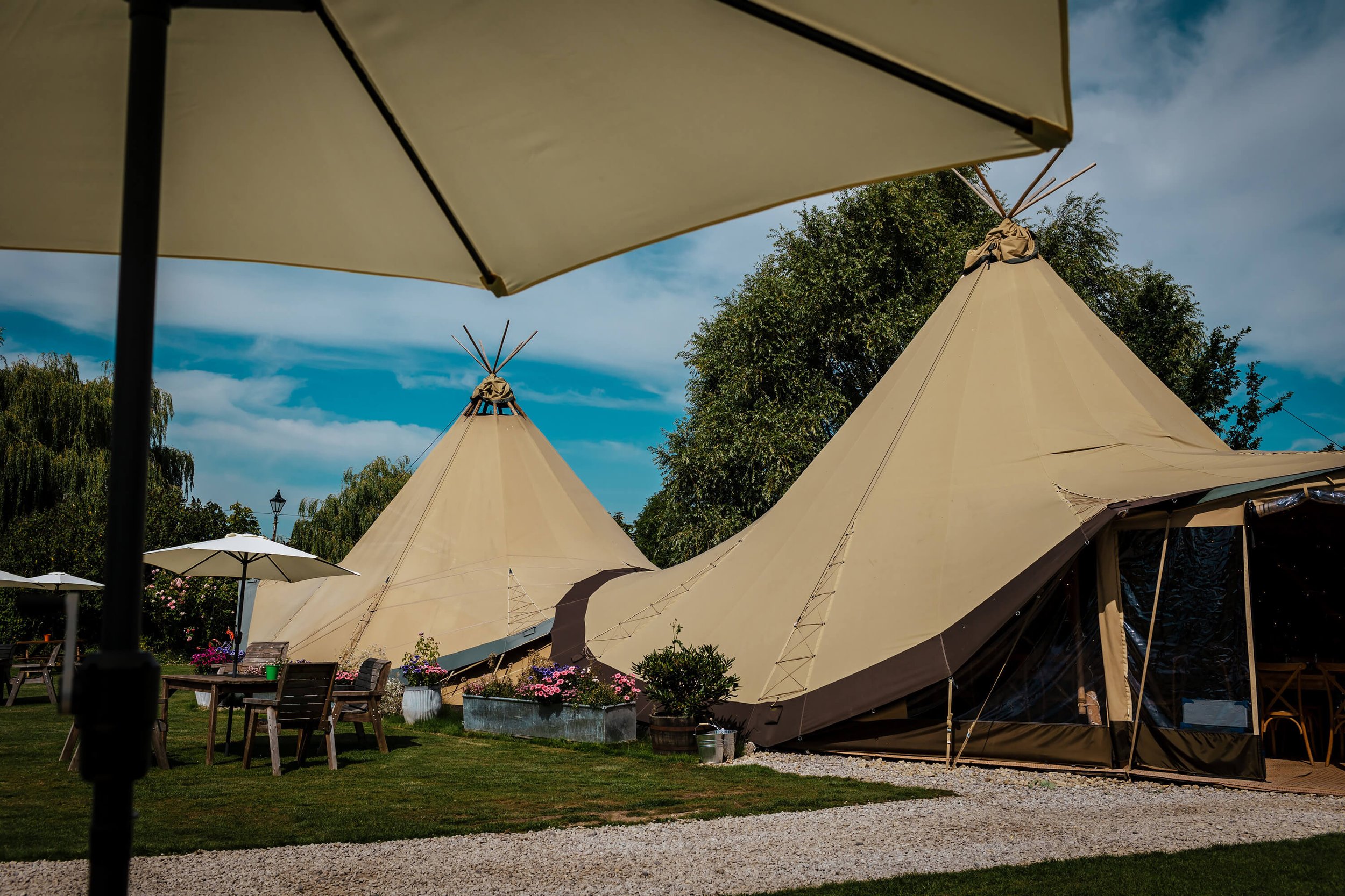 Wedding marquee in Yorkshire against a blue sky