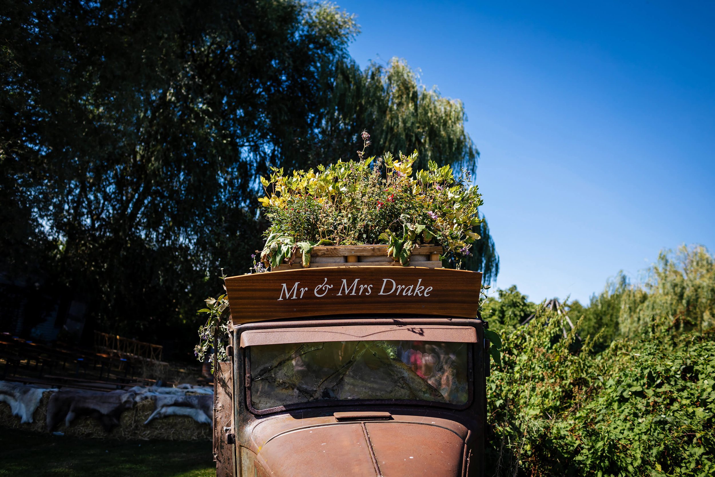 Wedding truck with the bride and groom's name on the front