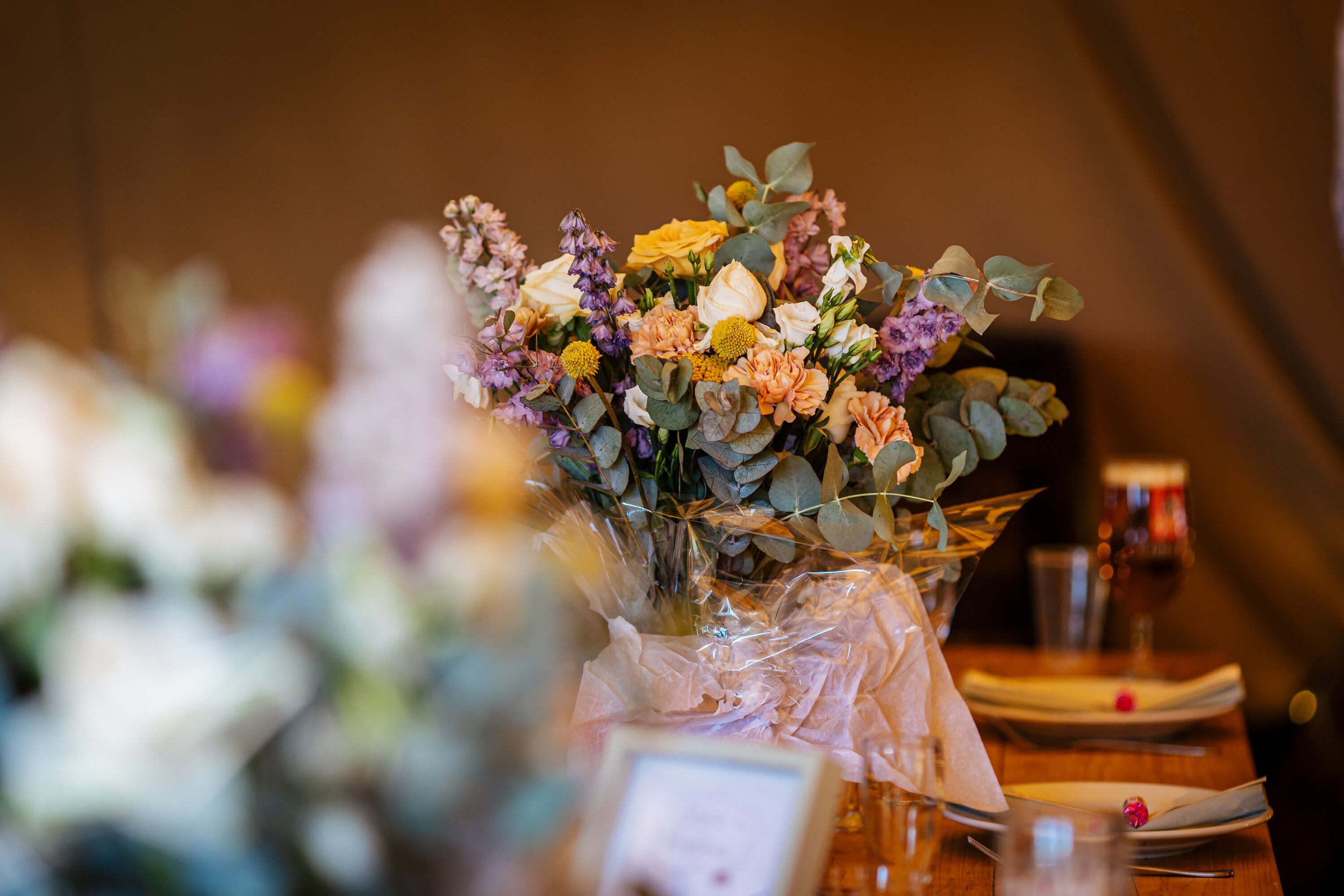 Table flowers and decorations at a wedding