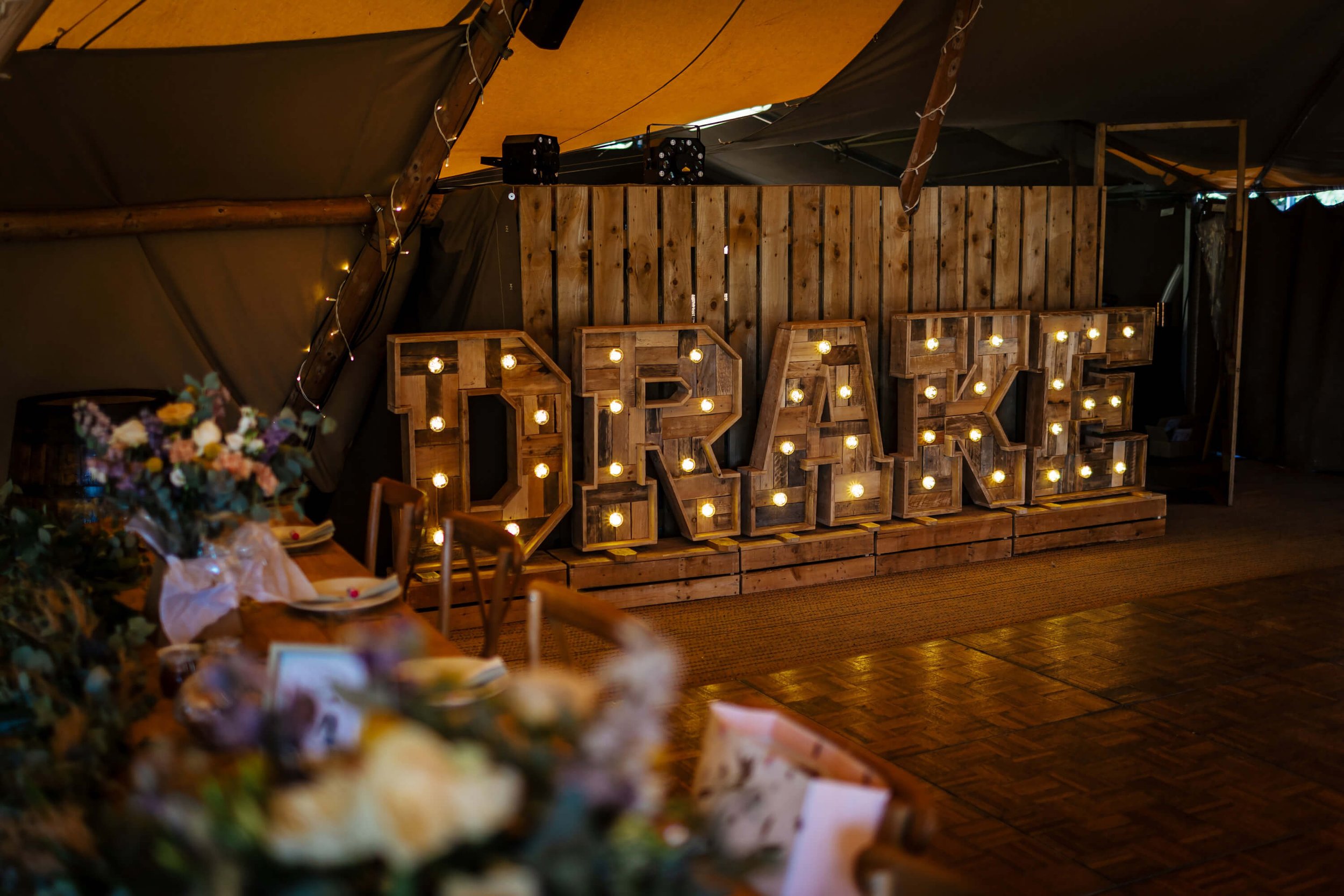 Light up letters at a wedding on the dance floor