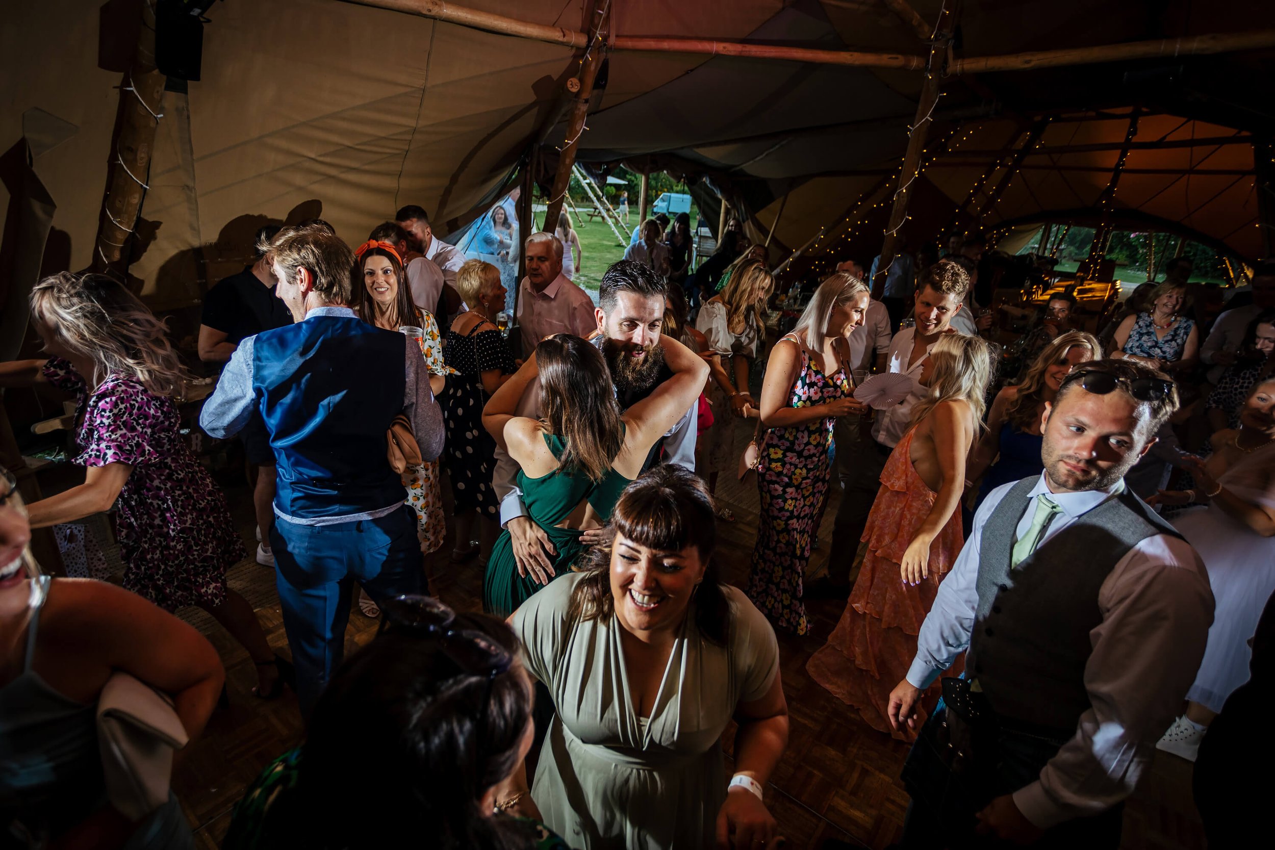 Wedding guests dancing at Skipbridge Country Weddings