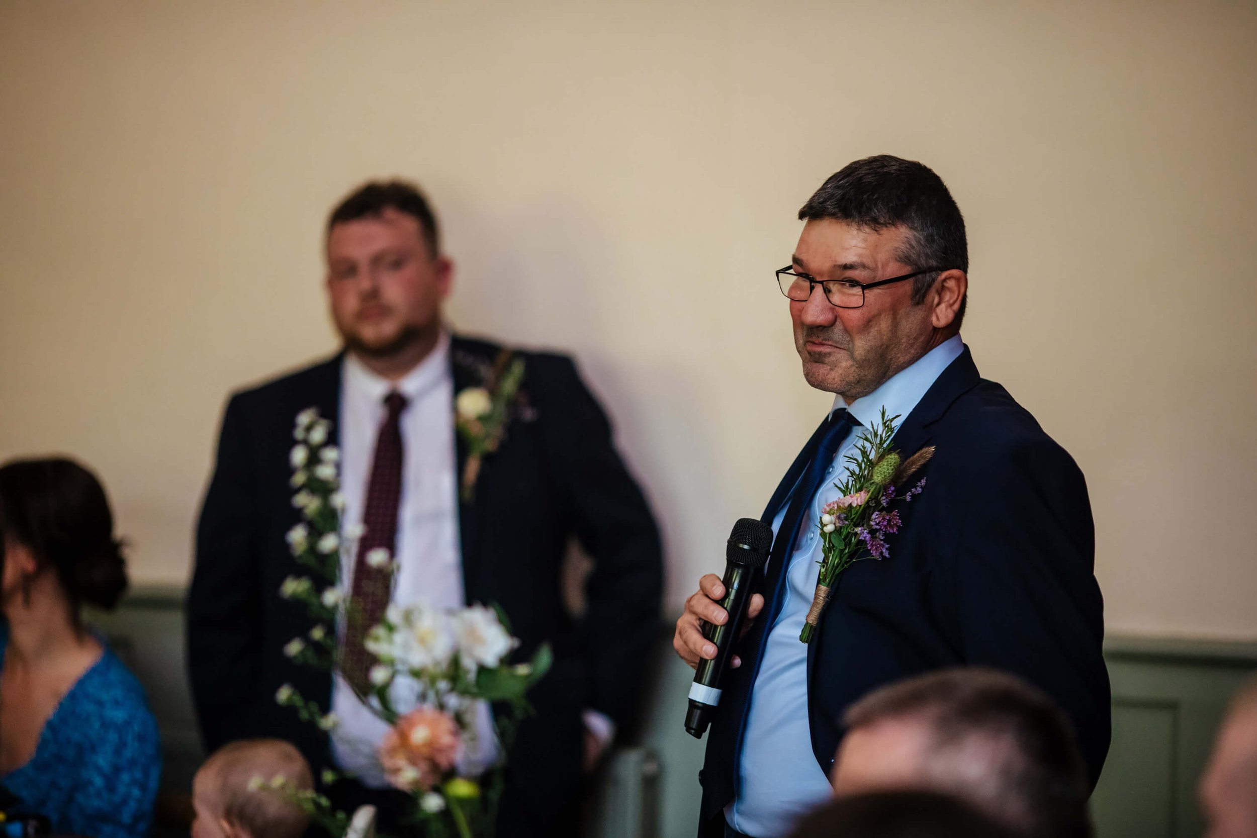 Father of the bride performs his wedding speech at Burnsall Village Hall