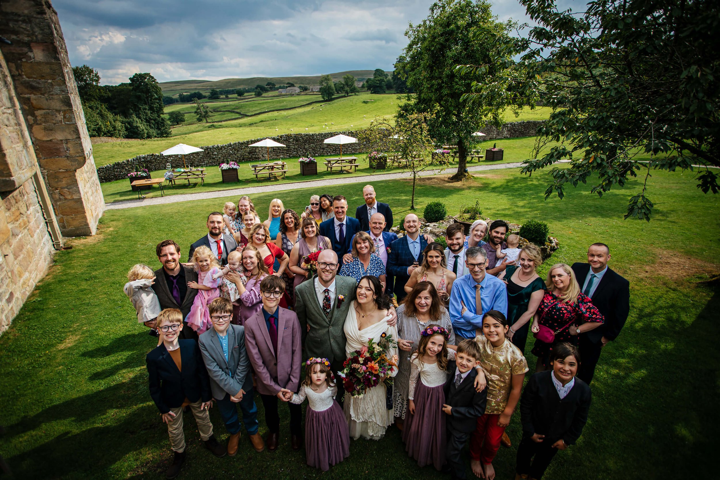 Big group shot at a wedding in Yorkshire