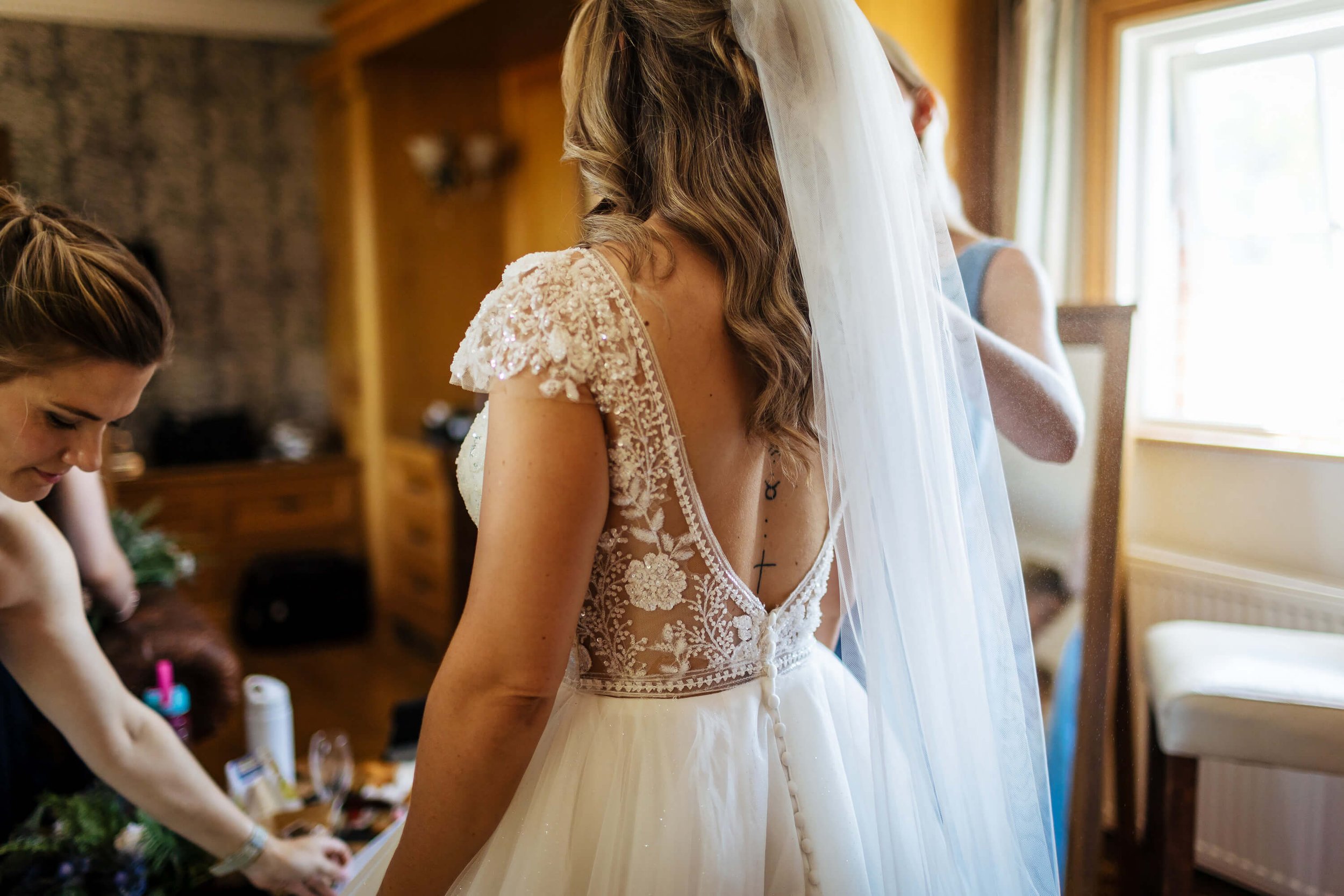The back of the bride's wedding dress