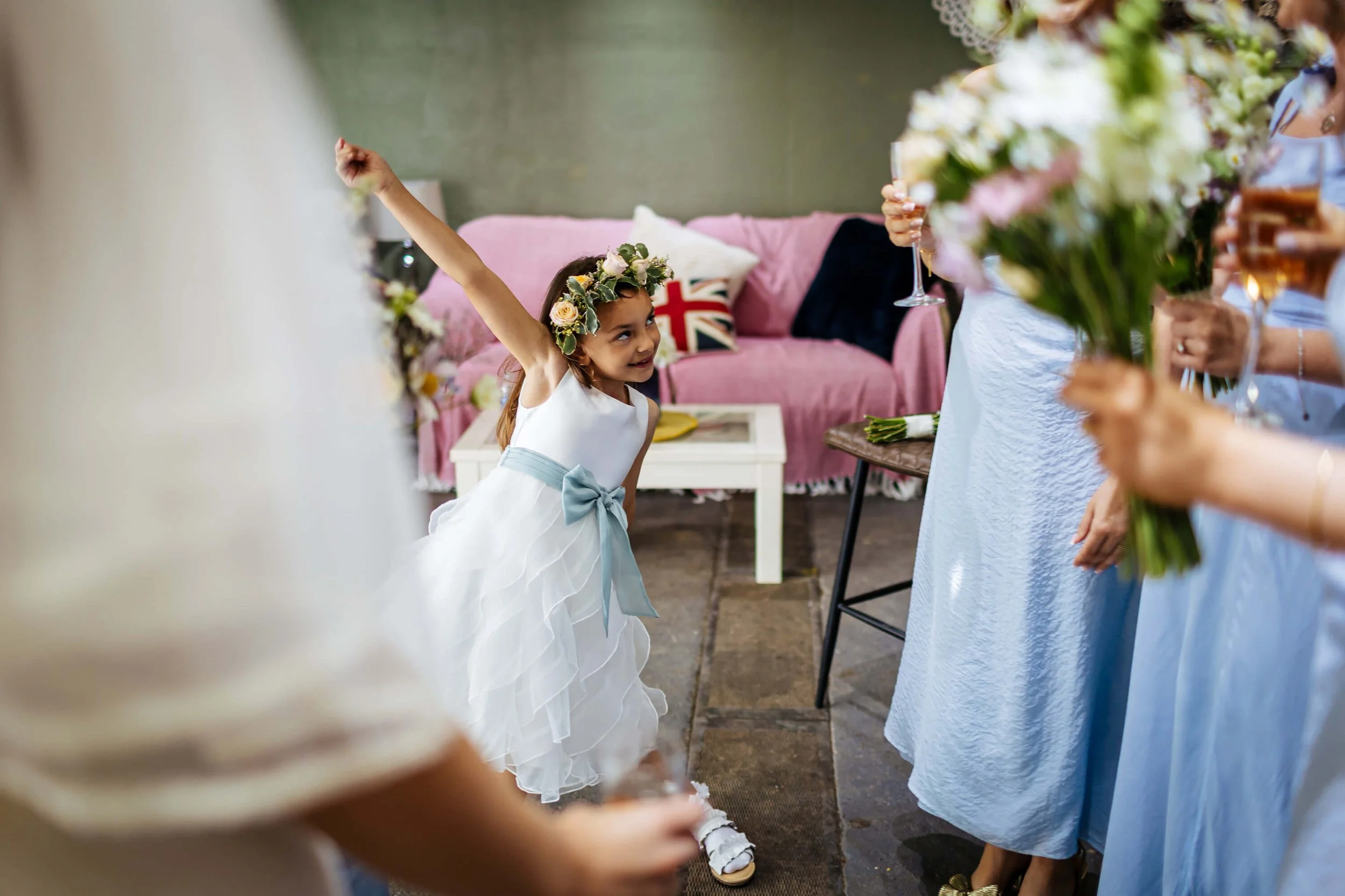 Flower girl playing at a wedding in Yorkshire