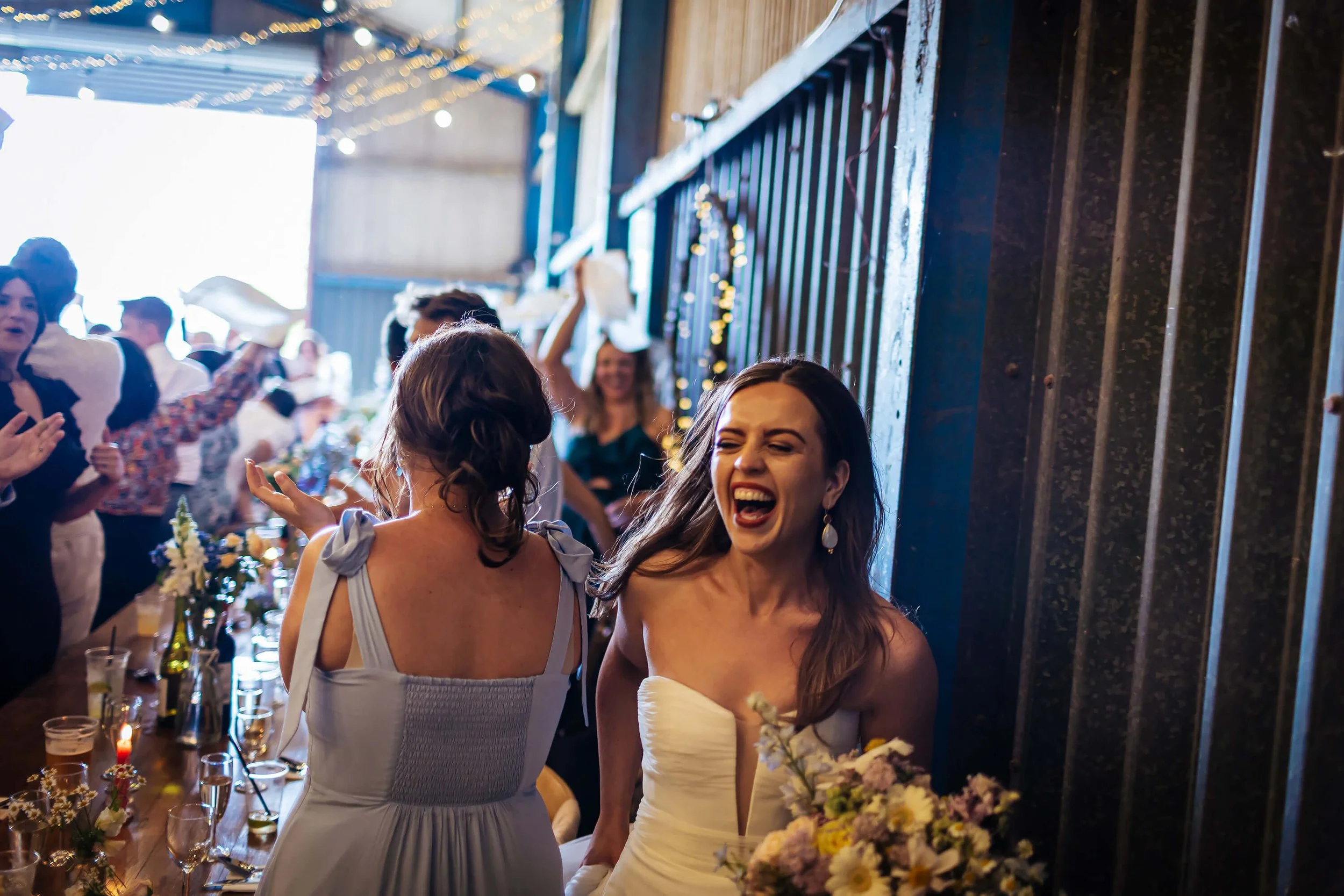 Arrival of the bride and groom to the dining barn