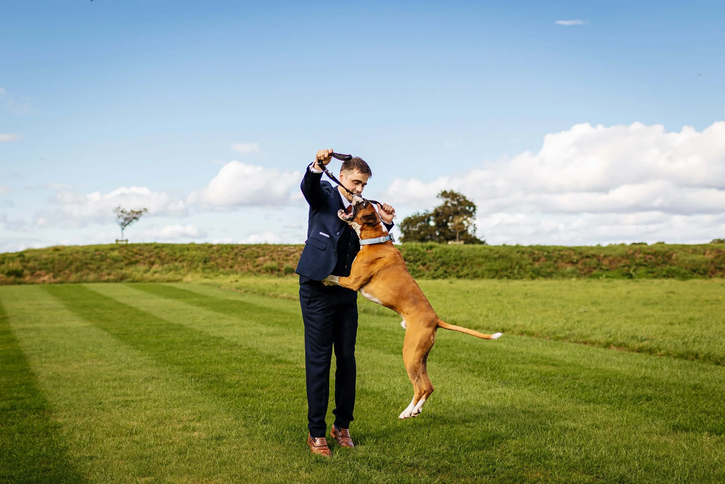 Groom playing with his dog on the wedding day