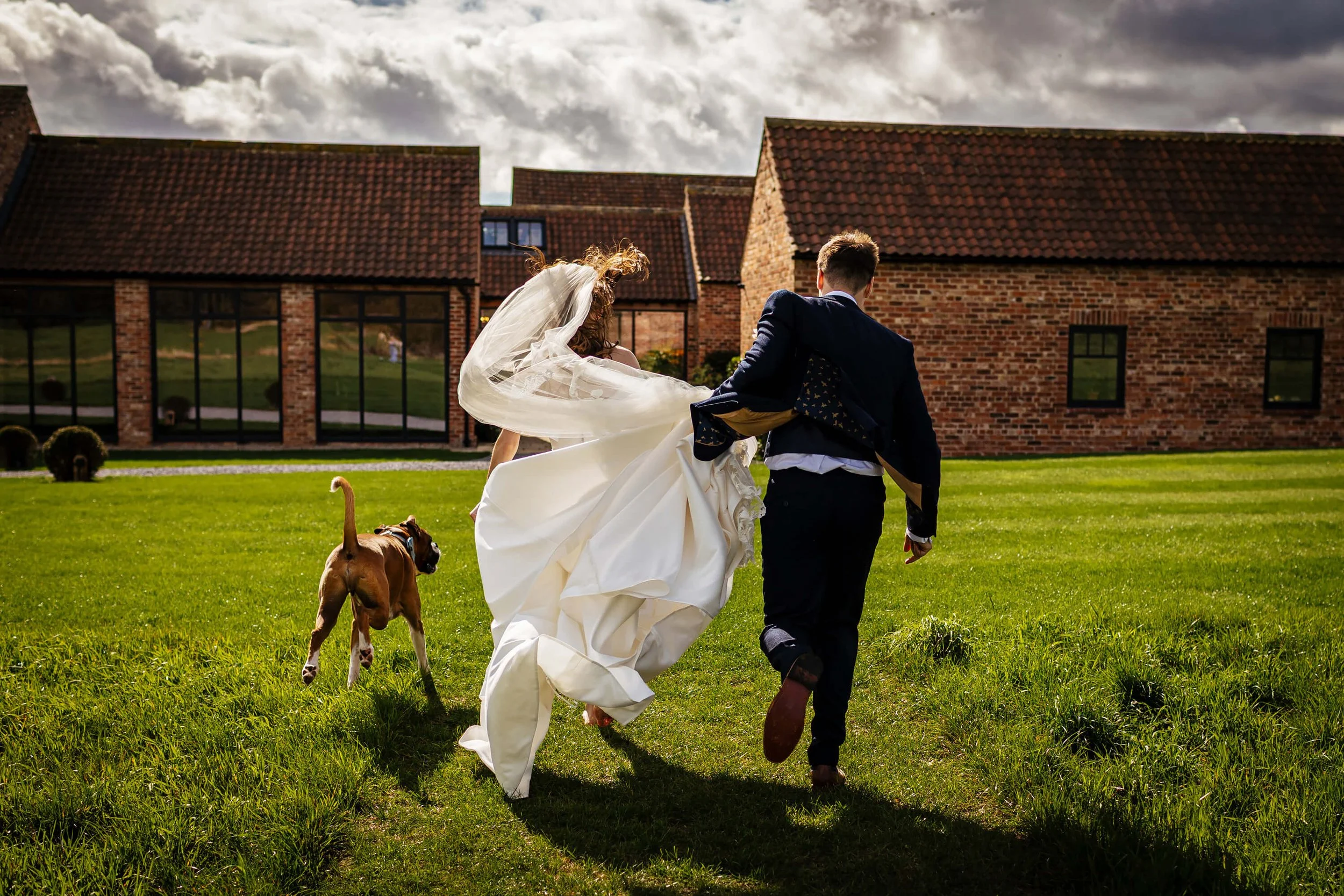 Bride and groom running through the field with their boxer dog