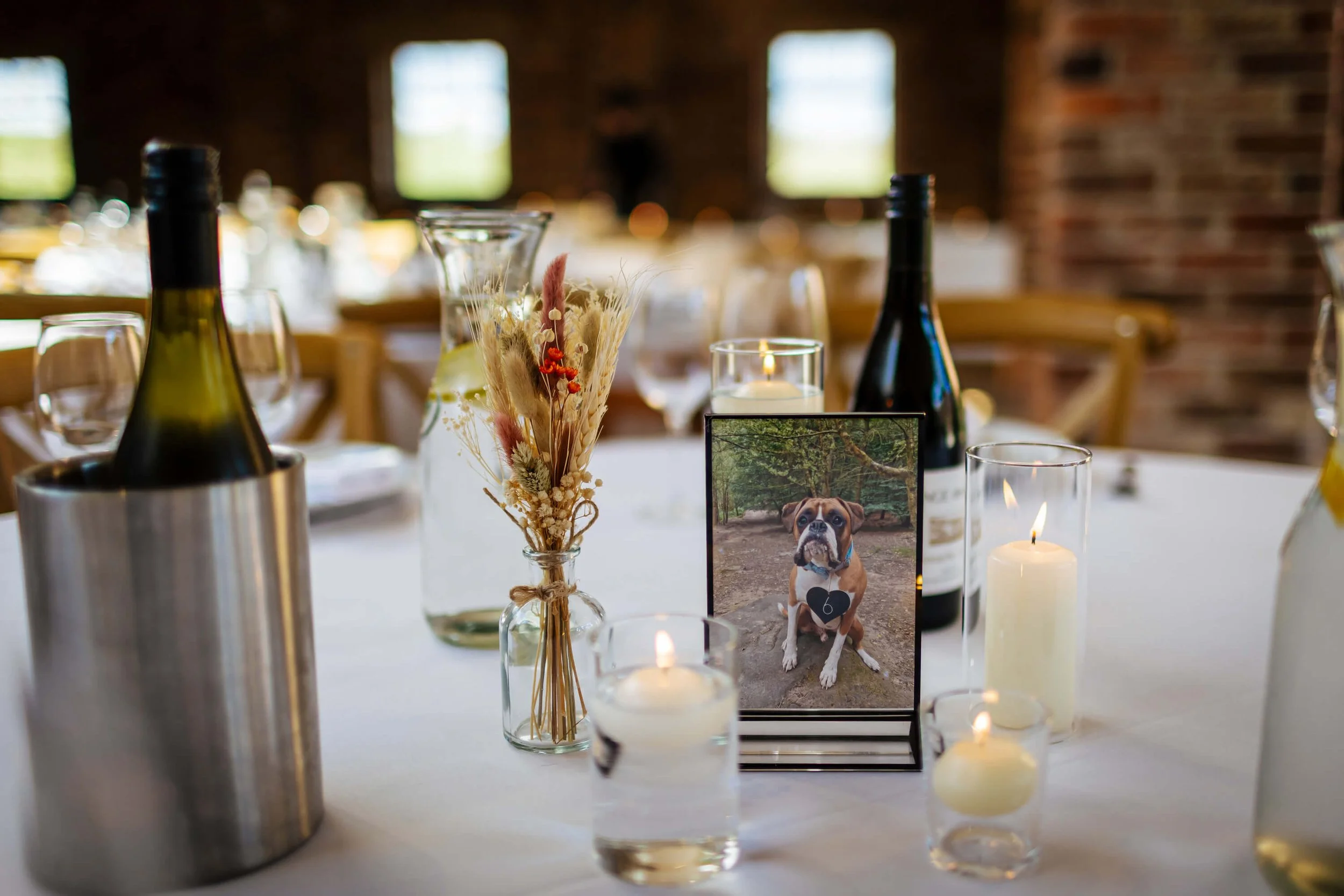 Photo of the couple's dog on the tables at the wedding