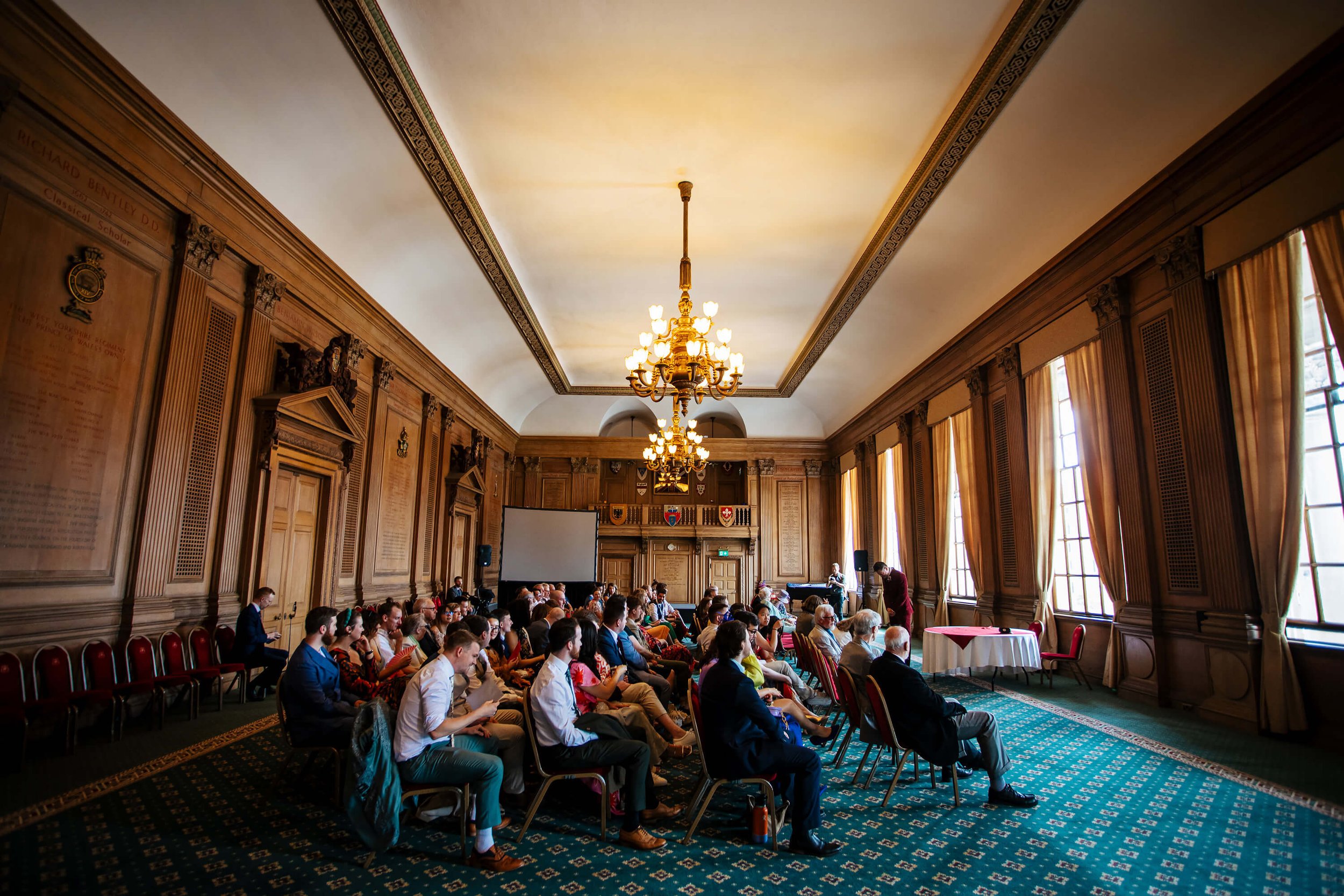 Guests ready for a wedding at Leeds Civic Hall