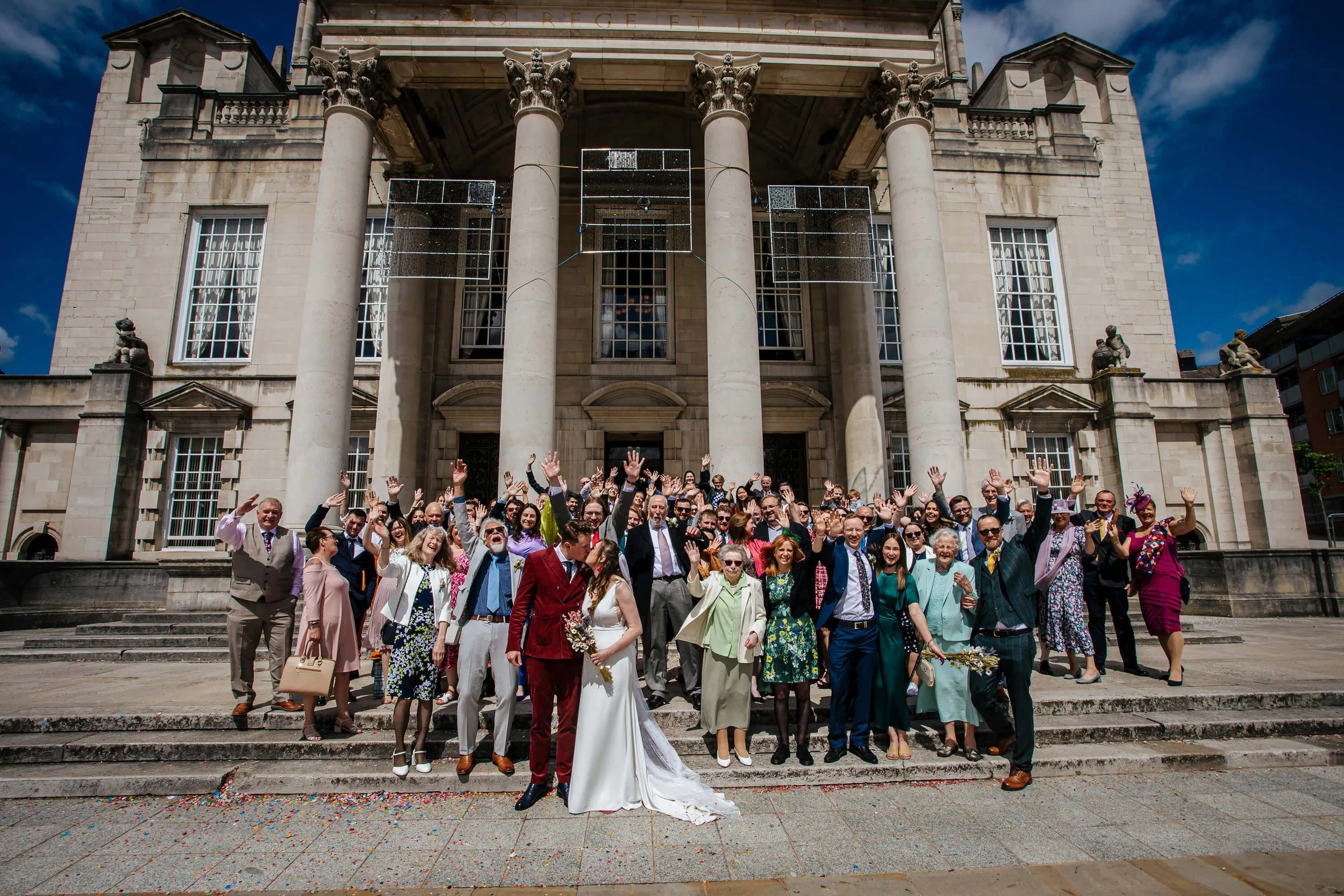 Big group photo on the steps at Leeds Civic Hall