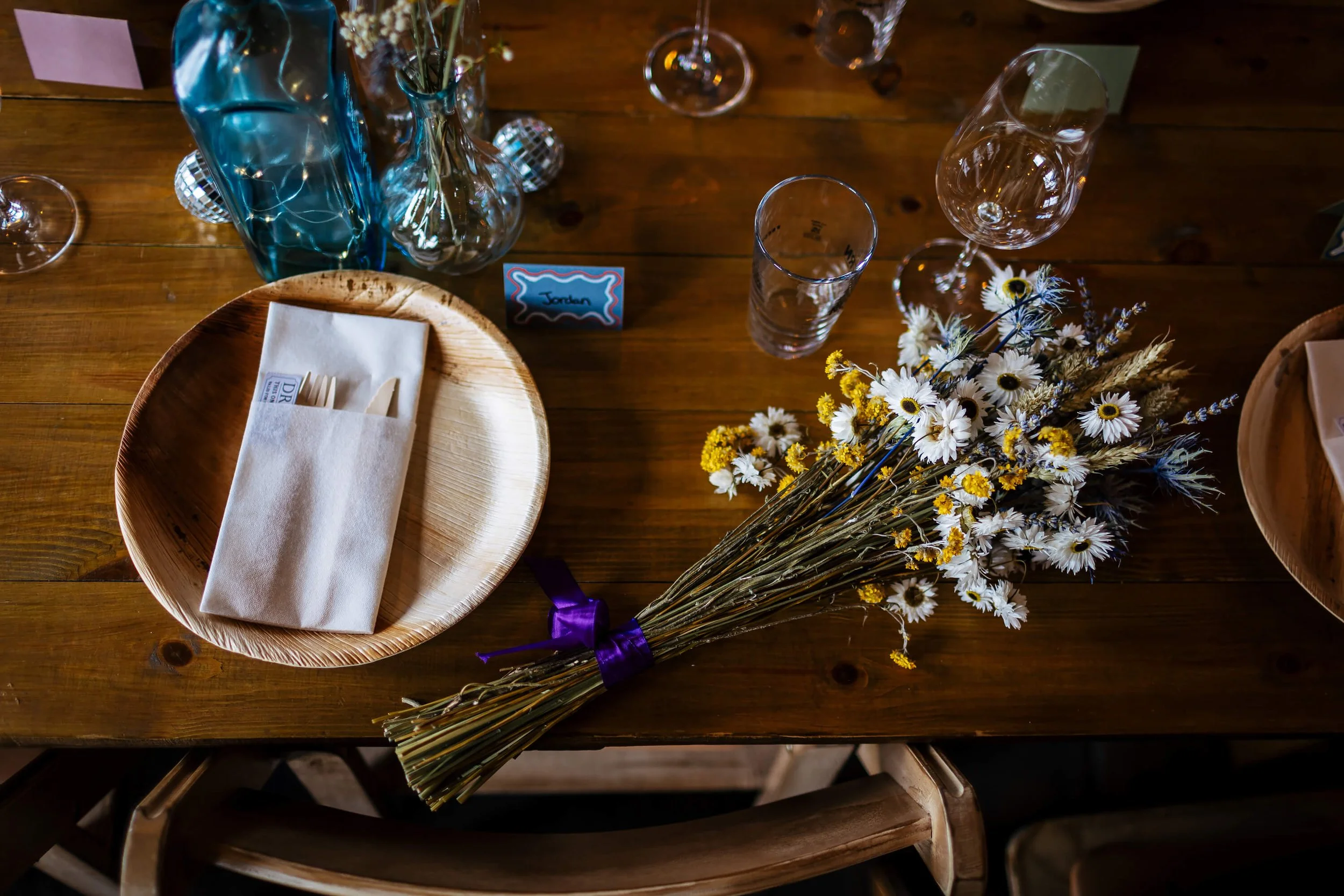 Table decorations set up for a wedding