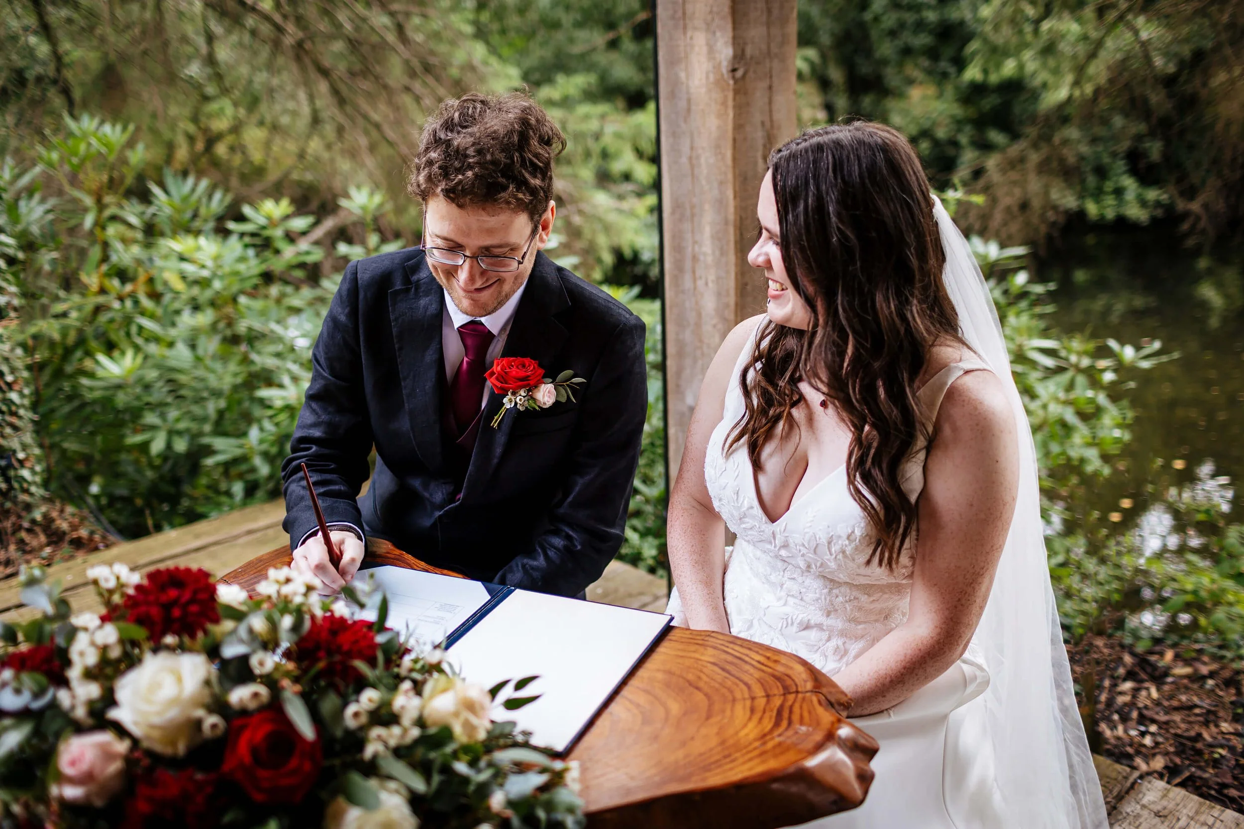 Bride and groom signing their wedding register
