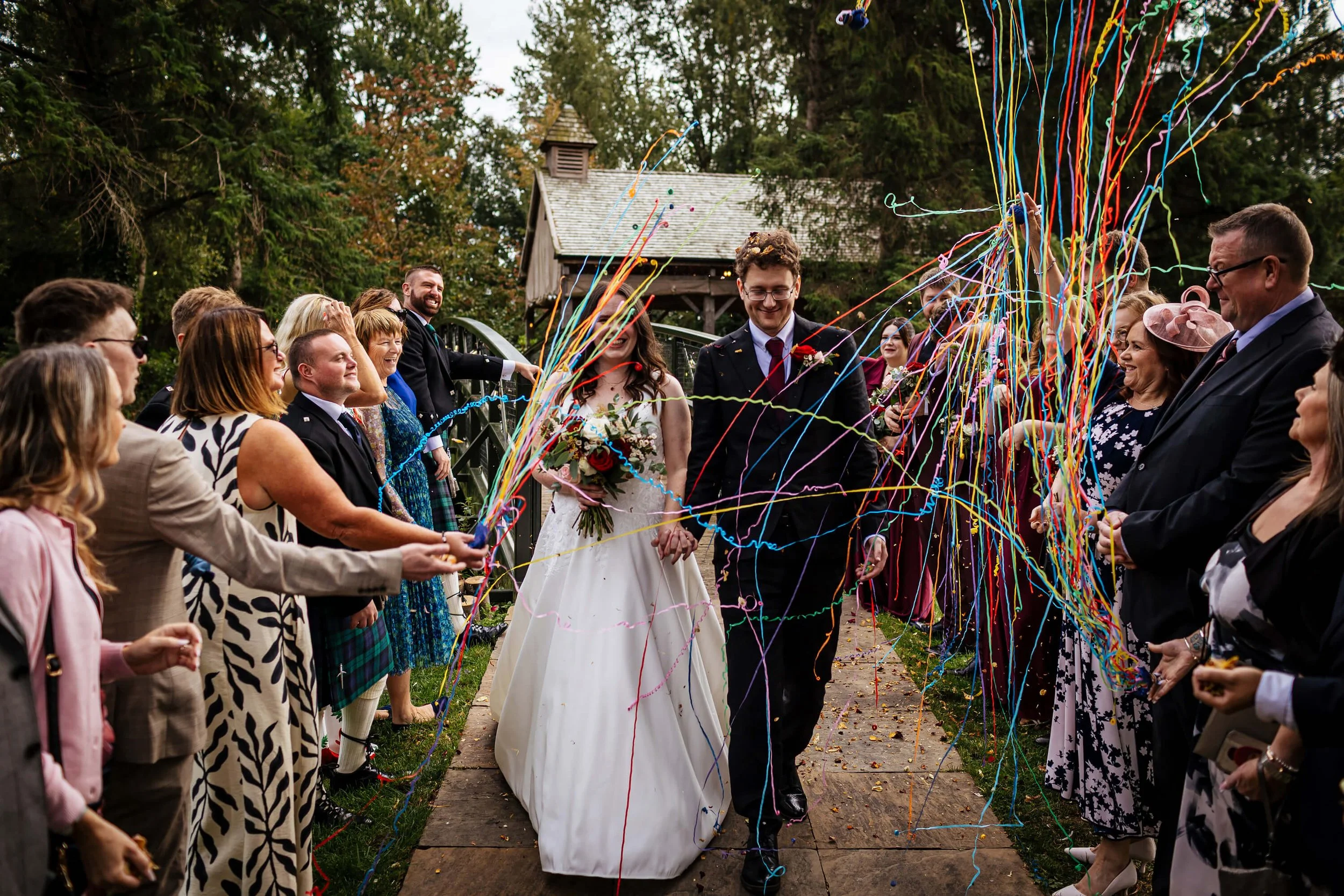Confetti tunnel at a wedding at Hackness Grange