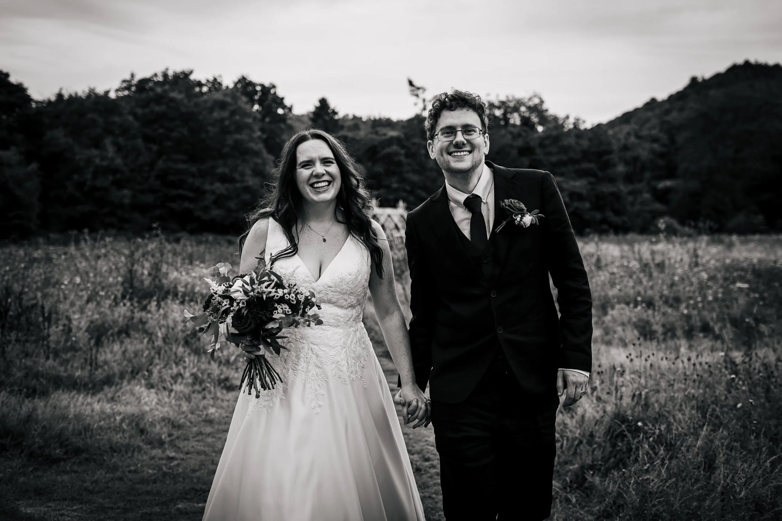 Black and white portrait of the newlywed couple in Yorkshire