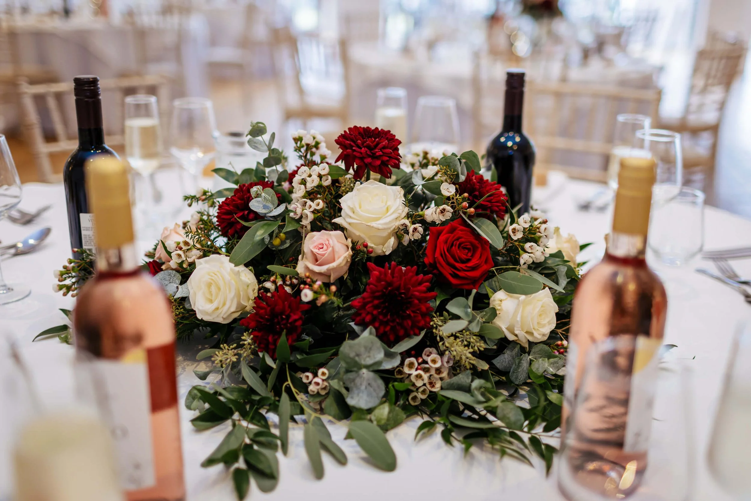 Flowers decorating the tables at a wedding