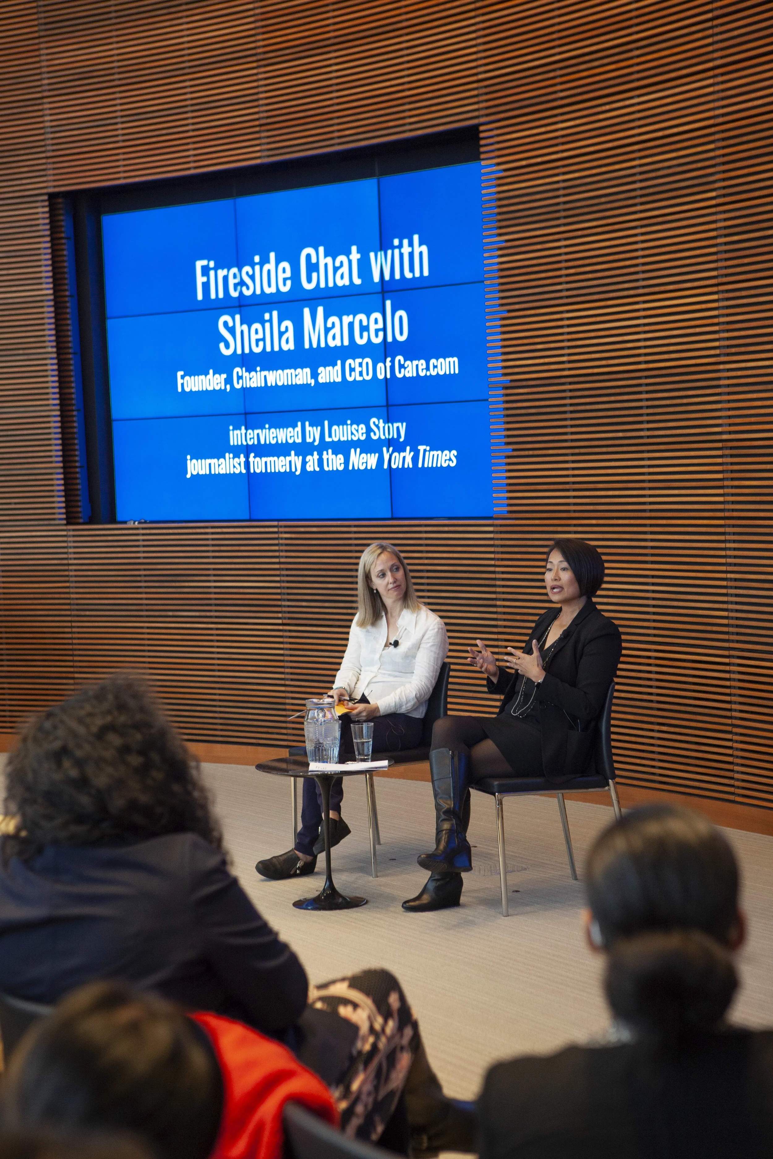 Louise Story, former NYTimes journalist (left), interviewing Sheila Marcelo, Founder, Chairwoman and CEO of Care.com (right) at the WE@Yale Summit