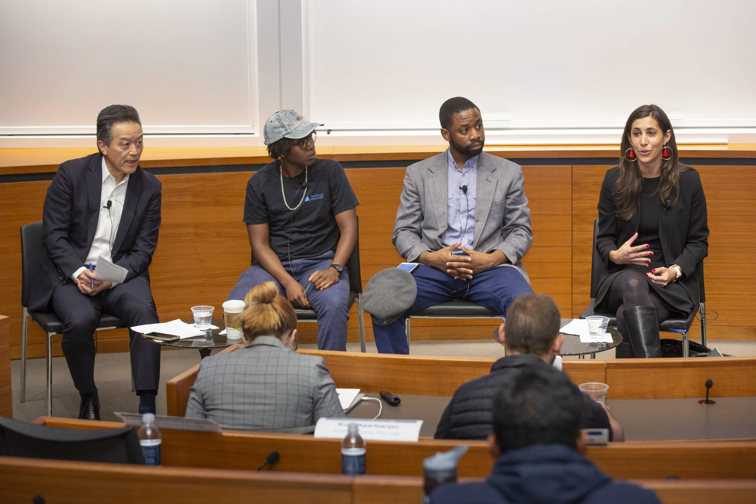 Echoing Green Keynote Panel (from left): Ken Inadomi, Founding Chair of Yale Alumni Nonprofit Alliance; Co-Chair of Yale Alumni Task Force on Diversity, Equity & Inclusion; Executive Director of NYPACE (New York Professional Advisors for Community Entrepreneurs); Ebele Ifedigbo, Founder of The Hood Incubator, 2017 Echoing Green Fellow; Wendell Adjetey, Founder of Tujenge Africa Foundation with Etienne Mashuli, 2015 Echoing Green Fellow; Lauren Fine, Founder of Youth Sentencing & Reentry Project (YSRP), 2014 Echoing Green Fellow