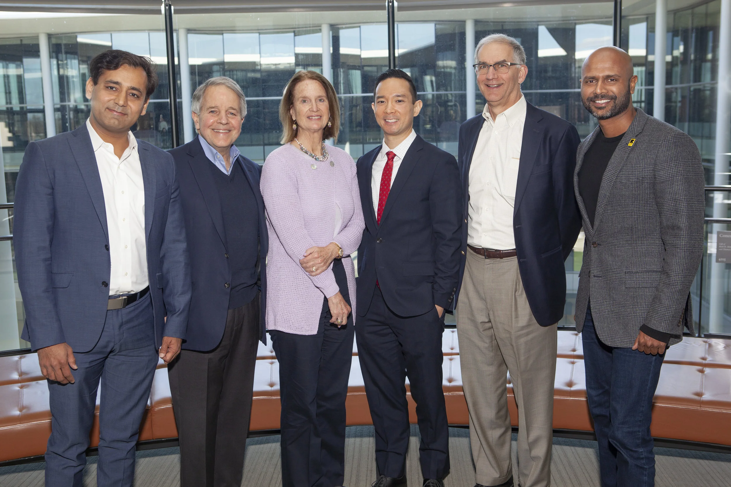 Judges for the Thorne Prize for Social Innovation in Health or Education (from left): Jay Rajda, Chief Clinical Transformation Officer and Senior Medical Director, Aetna Health and Clinical Service; David Thomas, Managing Partner, Court Square; Margaret Yates Thorne, Managing Partner, Sociable Weavers; Owner, Niknats; Shin Daimyo, Senior Advisor, Partners In Health; Rob Bettigole, Managing Partner of Elm Street Ventures; Raj Gorla, CEO, Contineo Health; Managing Partner, Equilateral Ventures; President, Suraksha