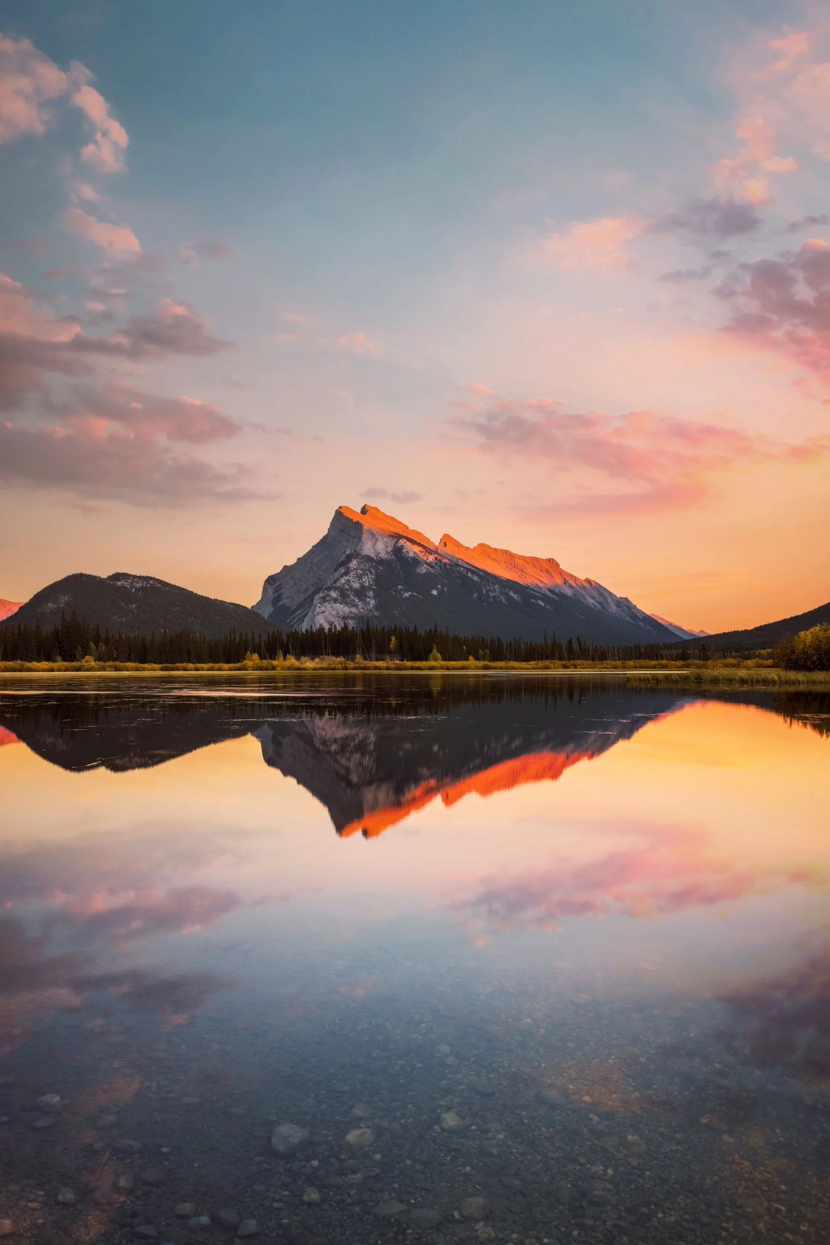Sunset color over the Vermilion Lakes with Mount Rundle in the distance, Banff National Park, Alberta, by Ryan L. Smith