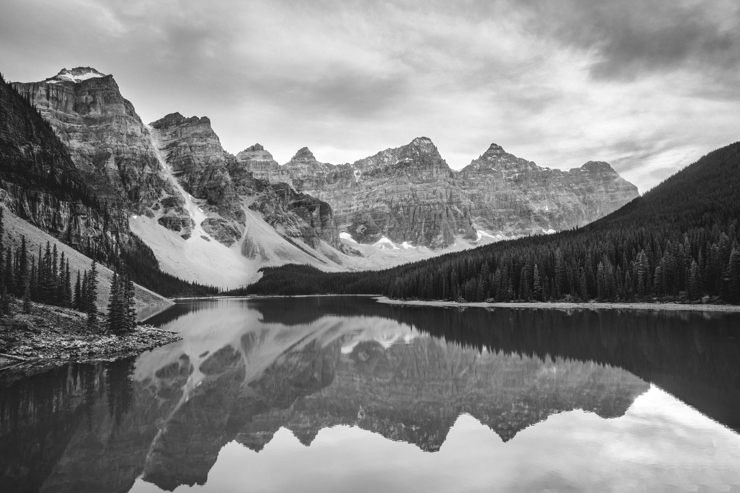 Black and white photograph of Moraine Lake and the Valley of the Ten Peaks at sunset, Banff National Park, Alberta, by Ryan L. Smith