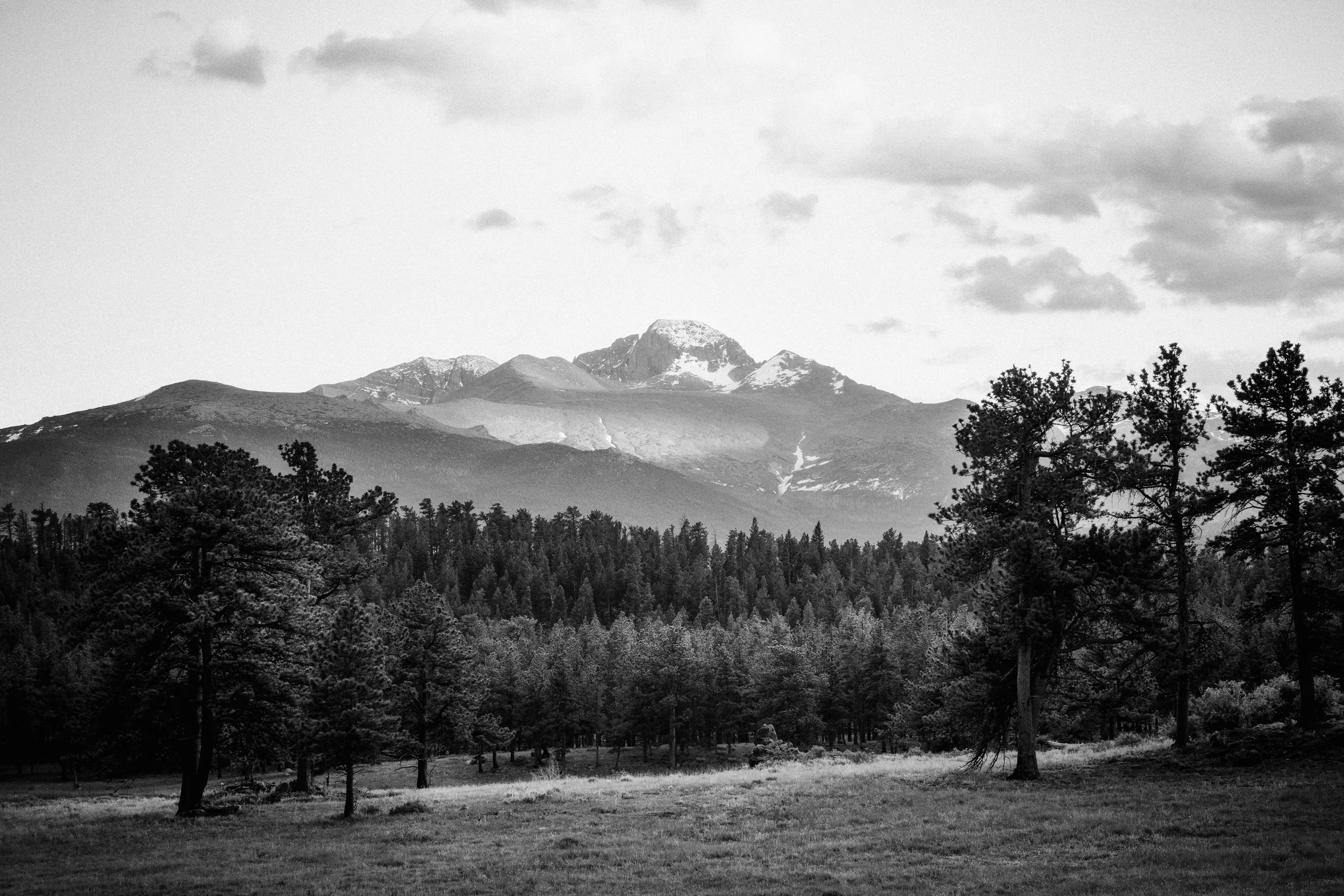 Black and white photograph of Longs Peak, Rocky Mountain National Park, Colorado, by Ryan L. Smith