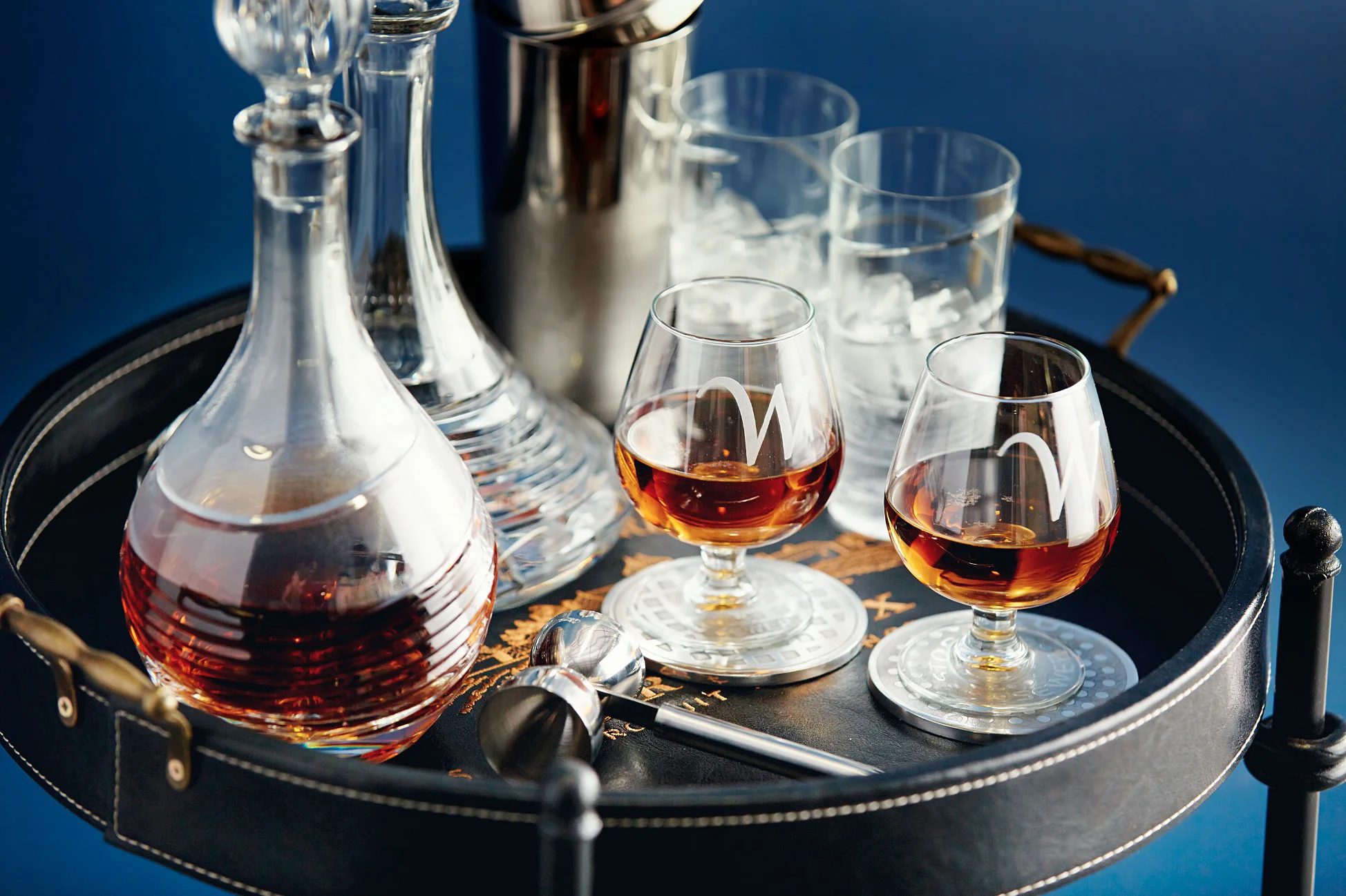 Whiskey bar cart styled beverage photography