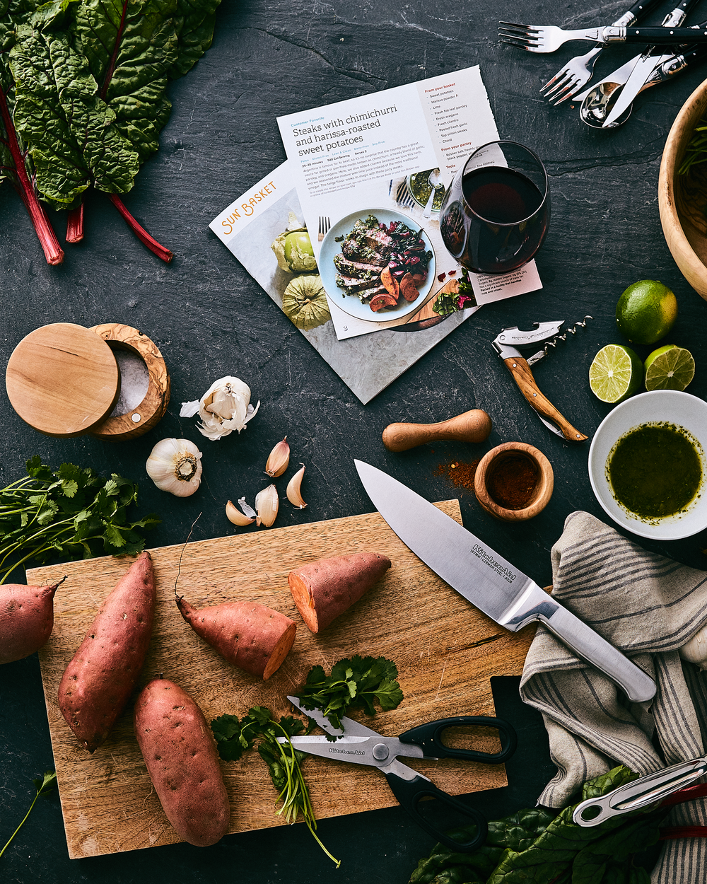 Sun Basket meal kit food photography styled on dark background