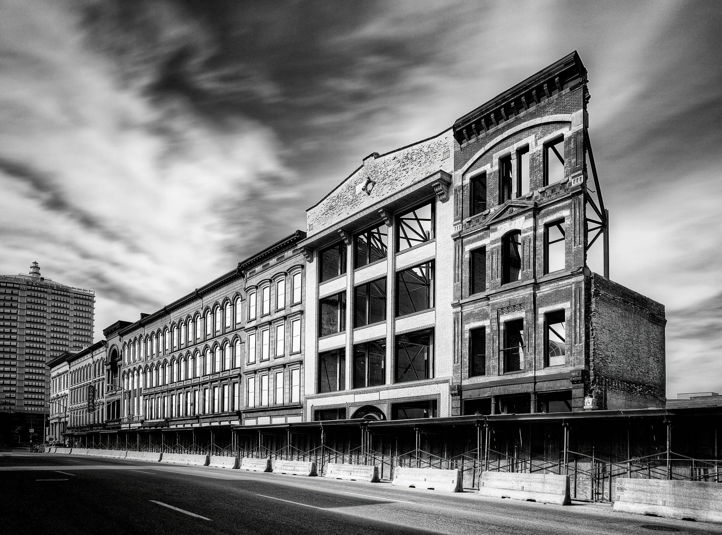 Black and white photograph of the historic Whiskey Row buildings in downtown Louisville, Kentucky, by Ryan L. Smith