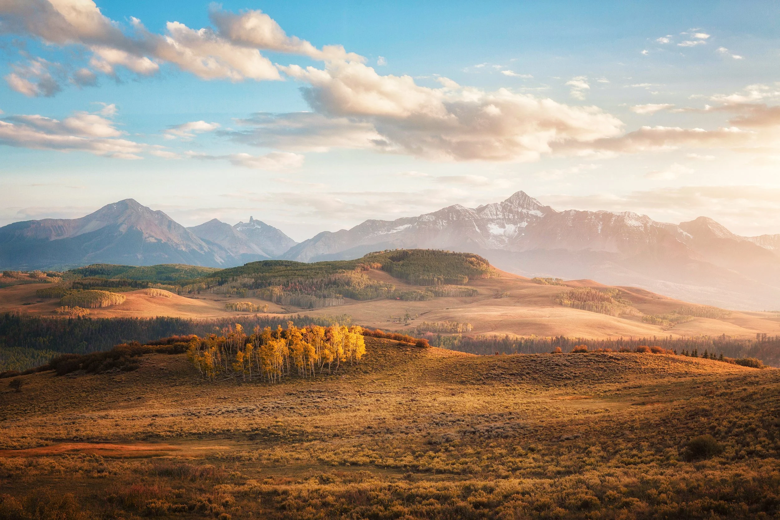 Golden autumn aspens along Last Dollar Road with the San Juan Mountains beyond, Telluride, Colorado, by Ryan L. Smith