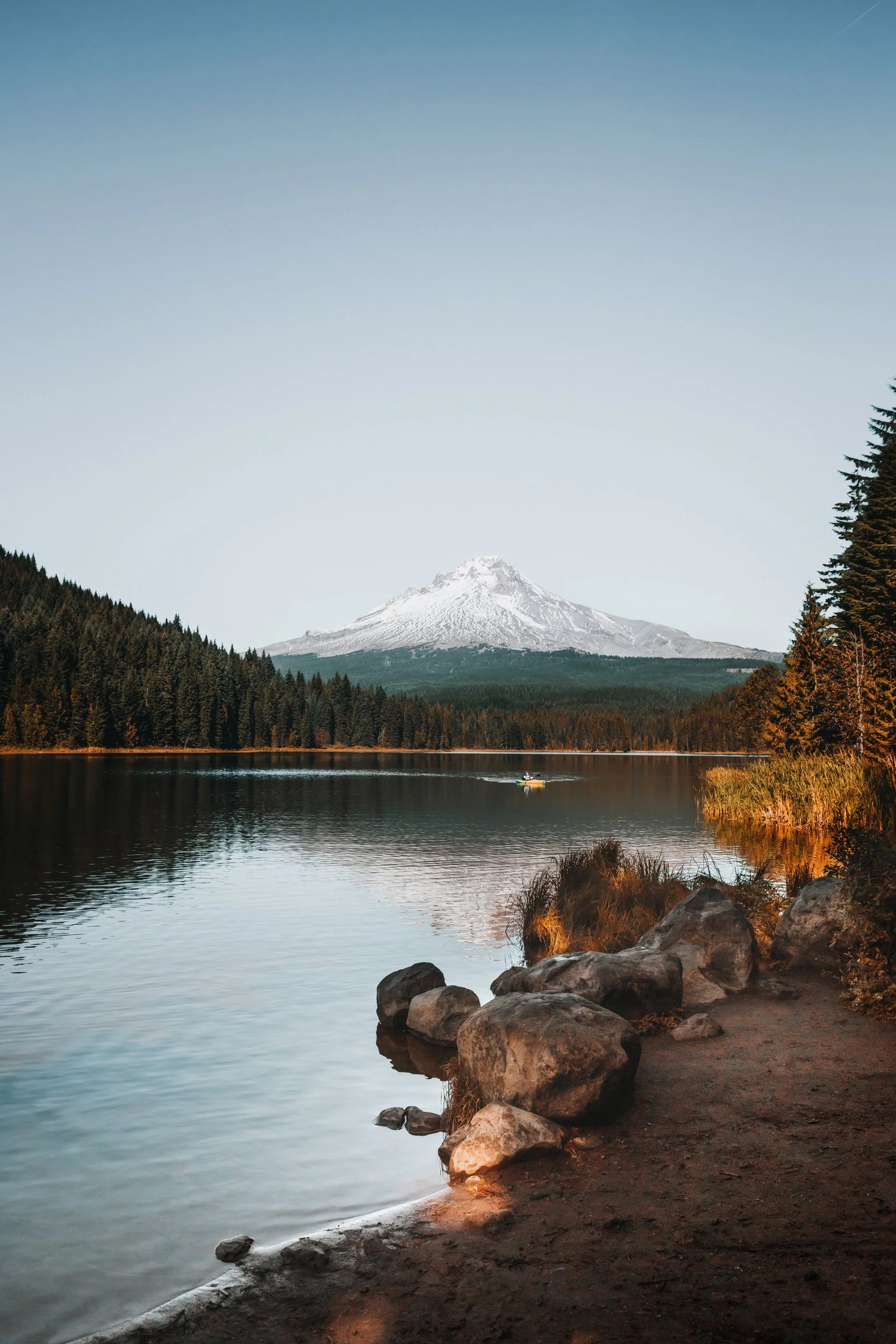 Snow-capped Mount Hood reflected in the calm water of Trillium Lake, Oregon, by Ryan L. Smith