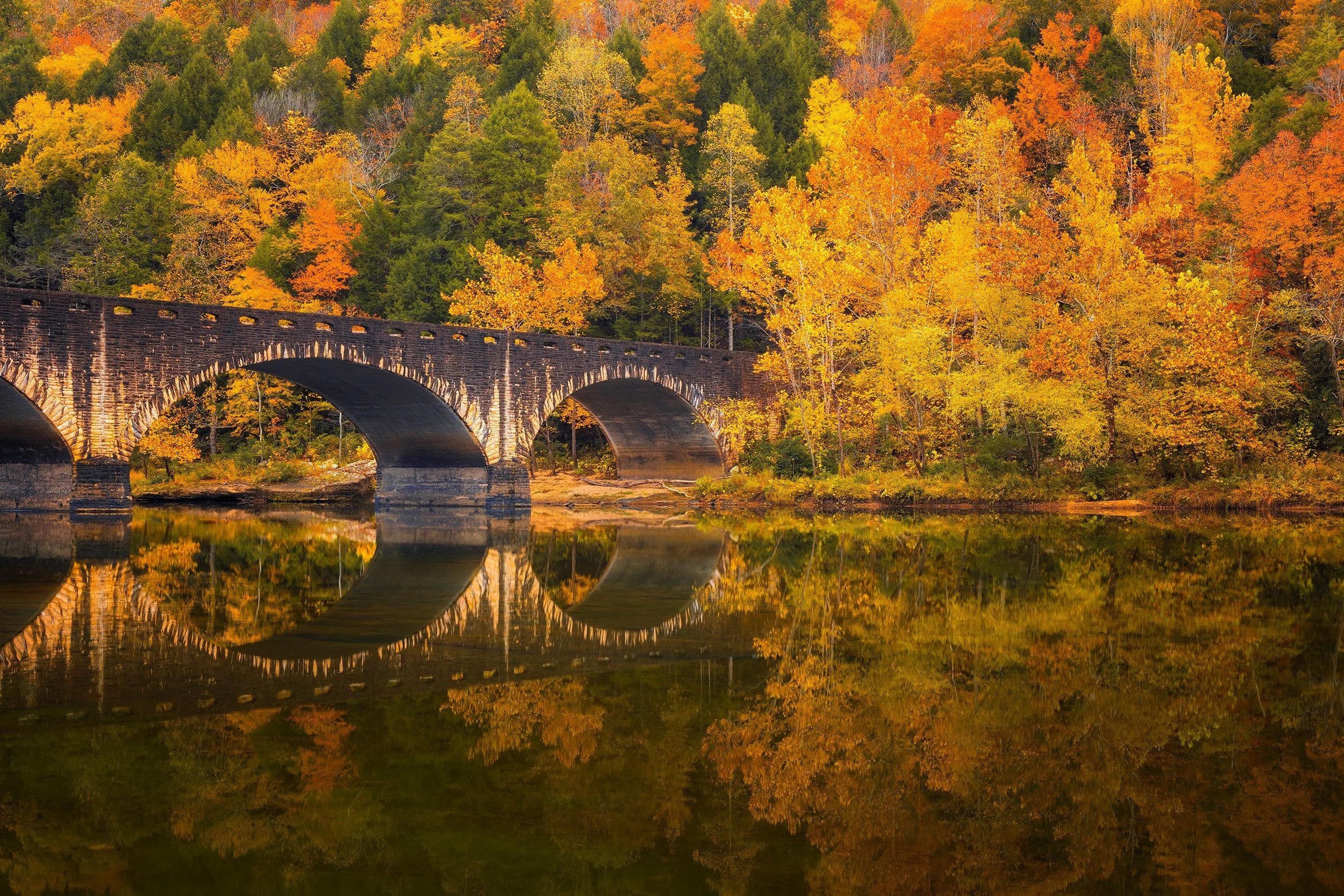 Autumn color surrounding the bridge near Cumberland Falls, Kentucky, by Ryan L. Smith