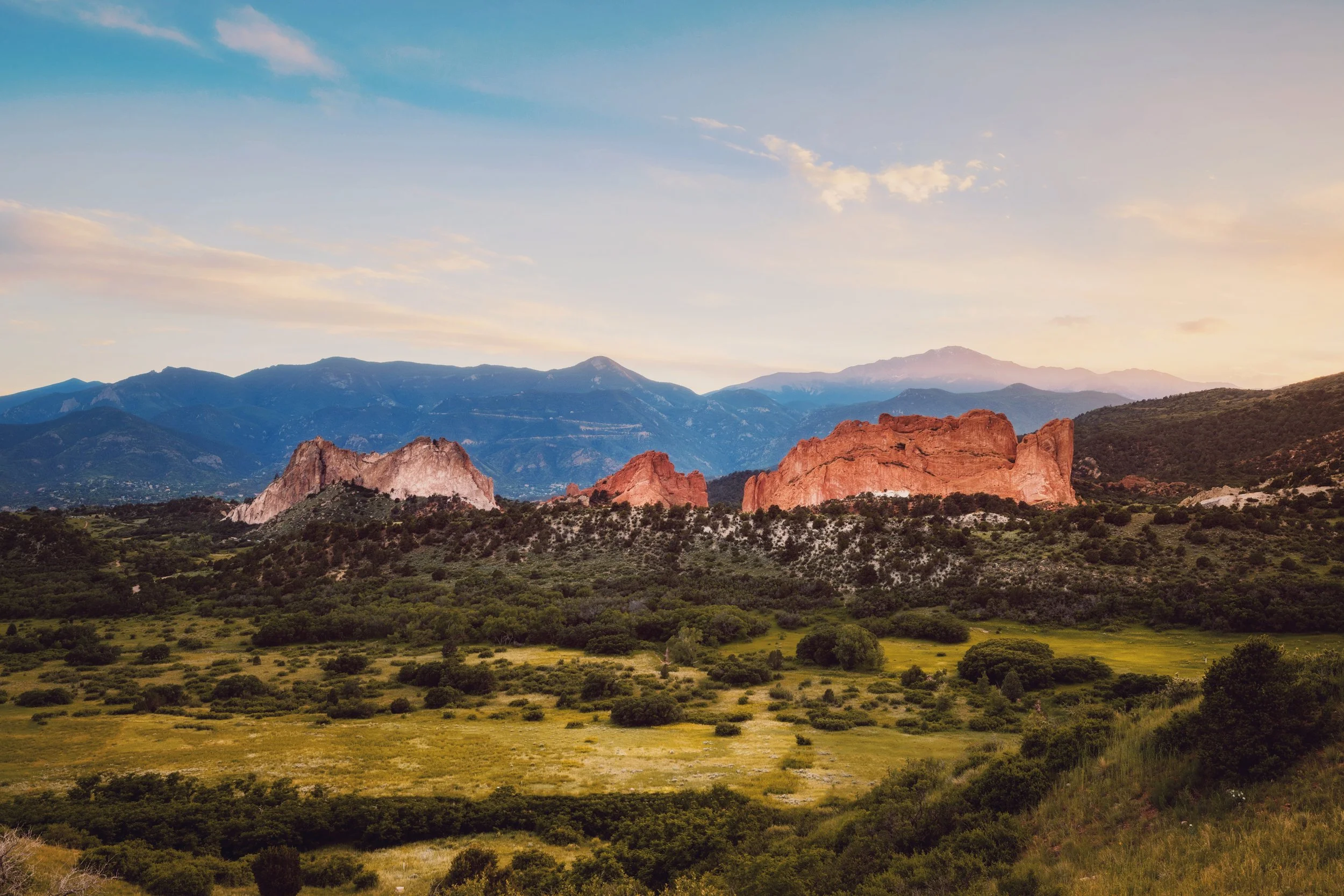 Sunset over the red sandstone formations of Garden of the Gods, Colorado Springs, Colorado, by Ryan L. Smith