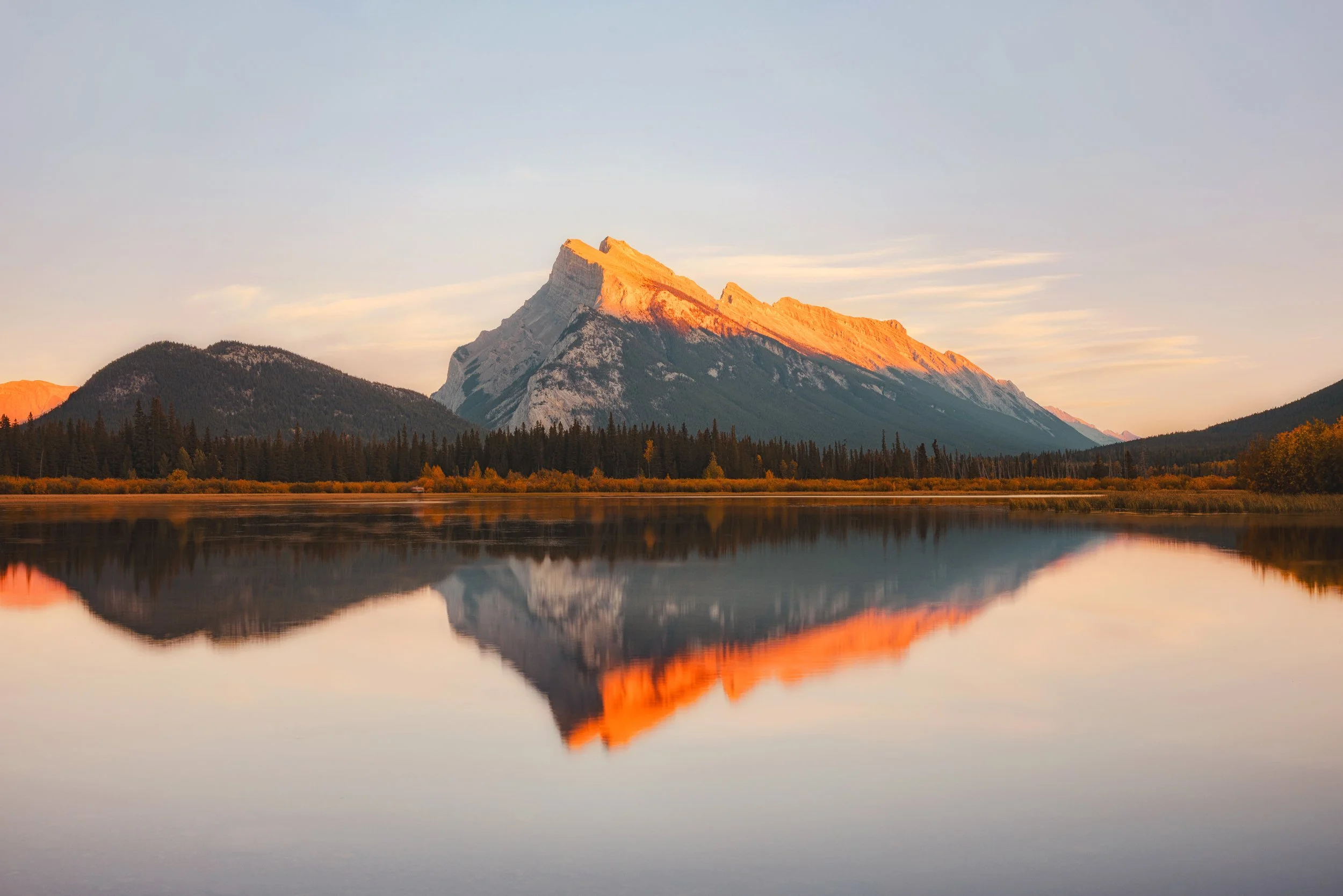 Alpenglow on Mount Rundle reflected in the Vermilion Lakes, Banff National Park, Alberta, by Ryan L. Smith