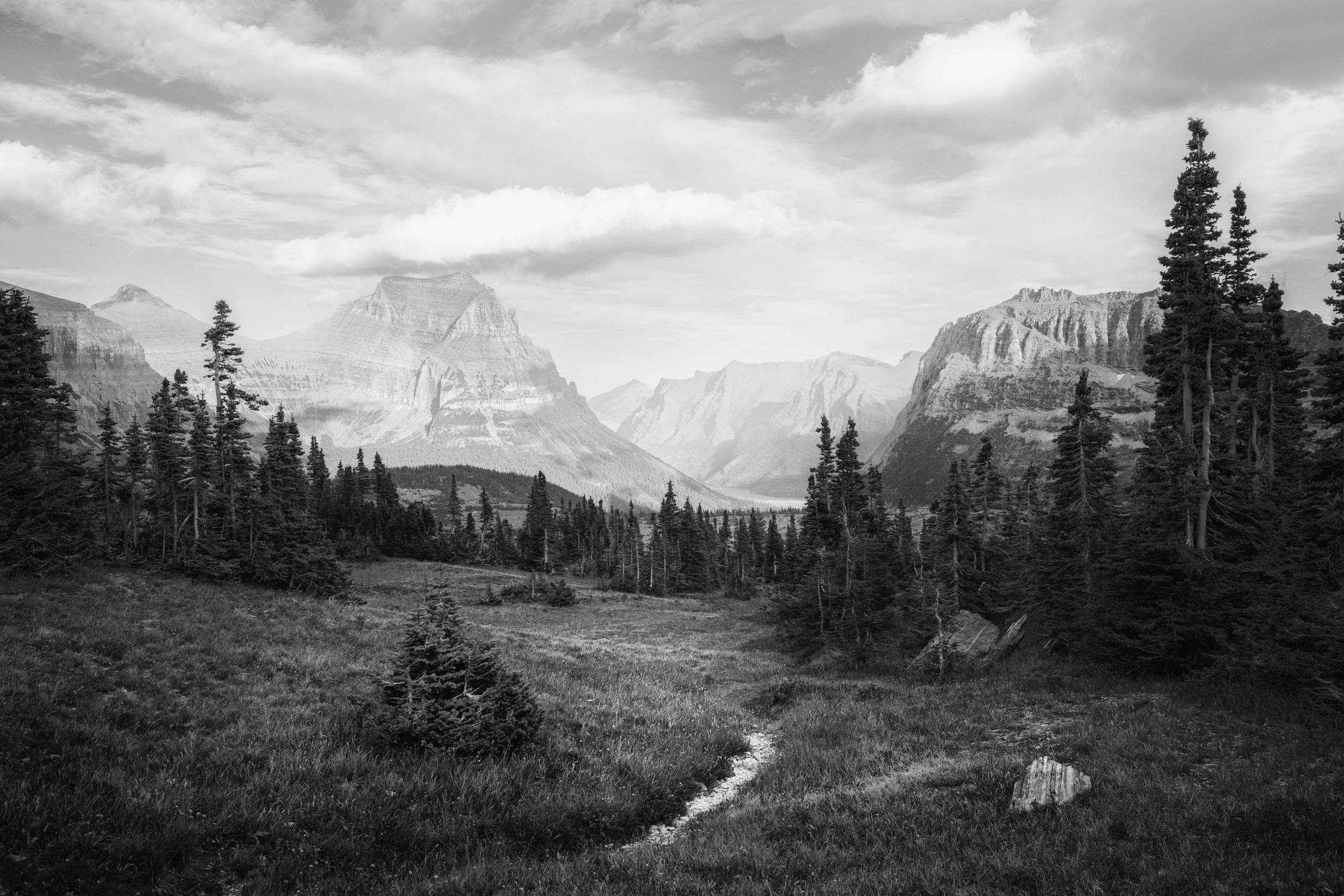 Black and white photograph of the peaks of Glacier National Park, Montana, by Ryan L. Smith
