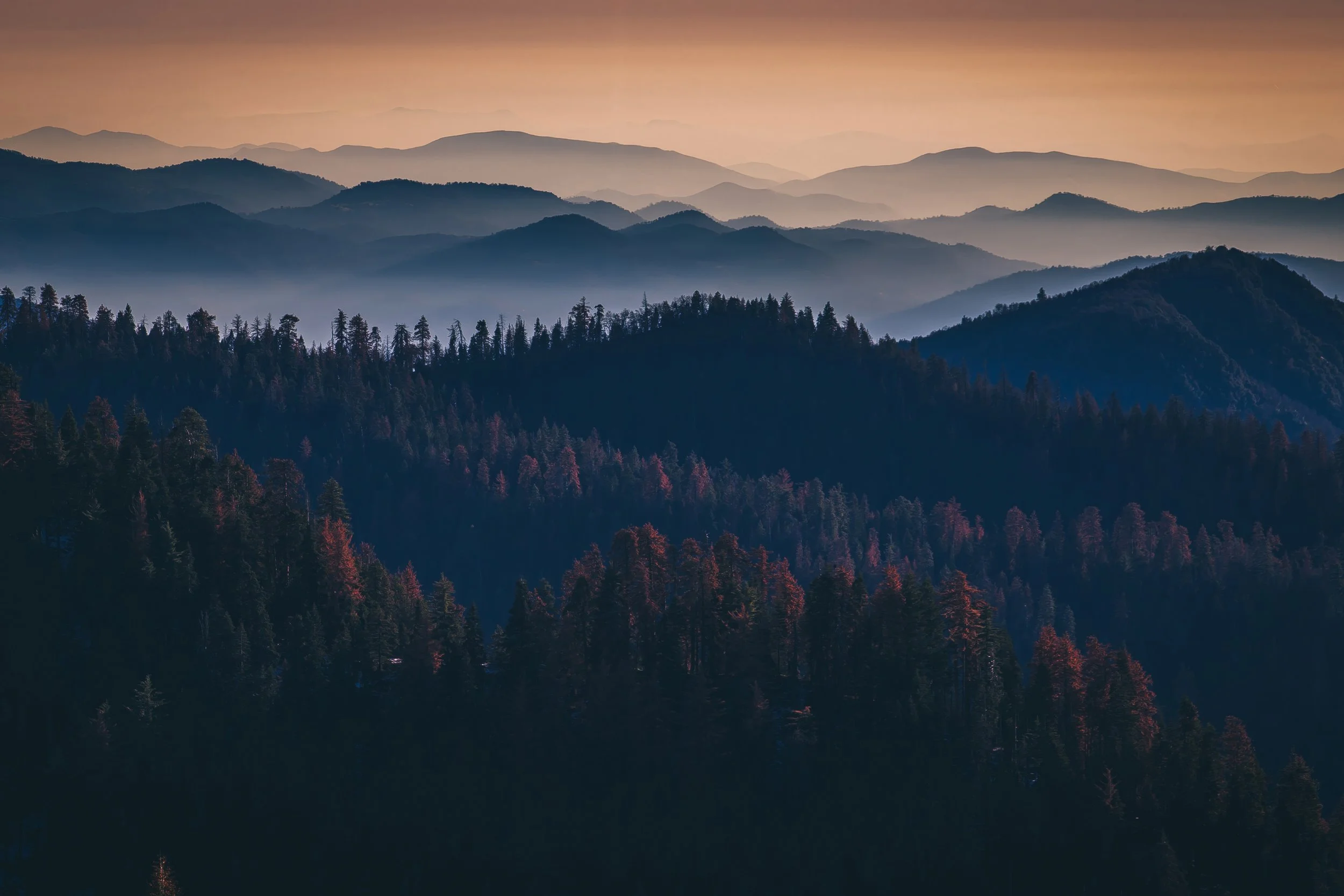 Layered mountain ridges and mist at sunset near Sequoia National Park, California, by Ryan L. Smith