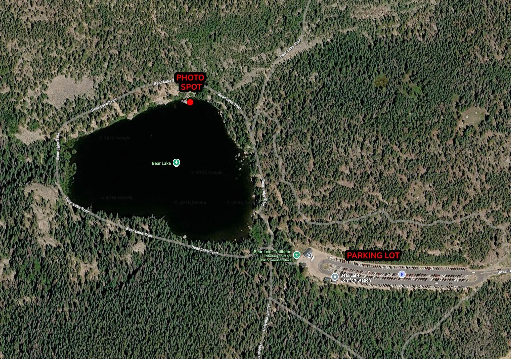 Satellite map showing the boulder framing spot along the Bear Lake loop, Rocky Mountain National Park, Colorado