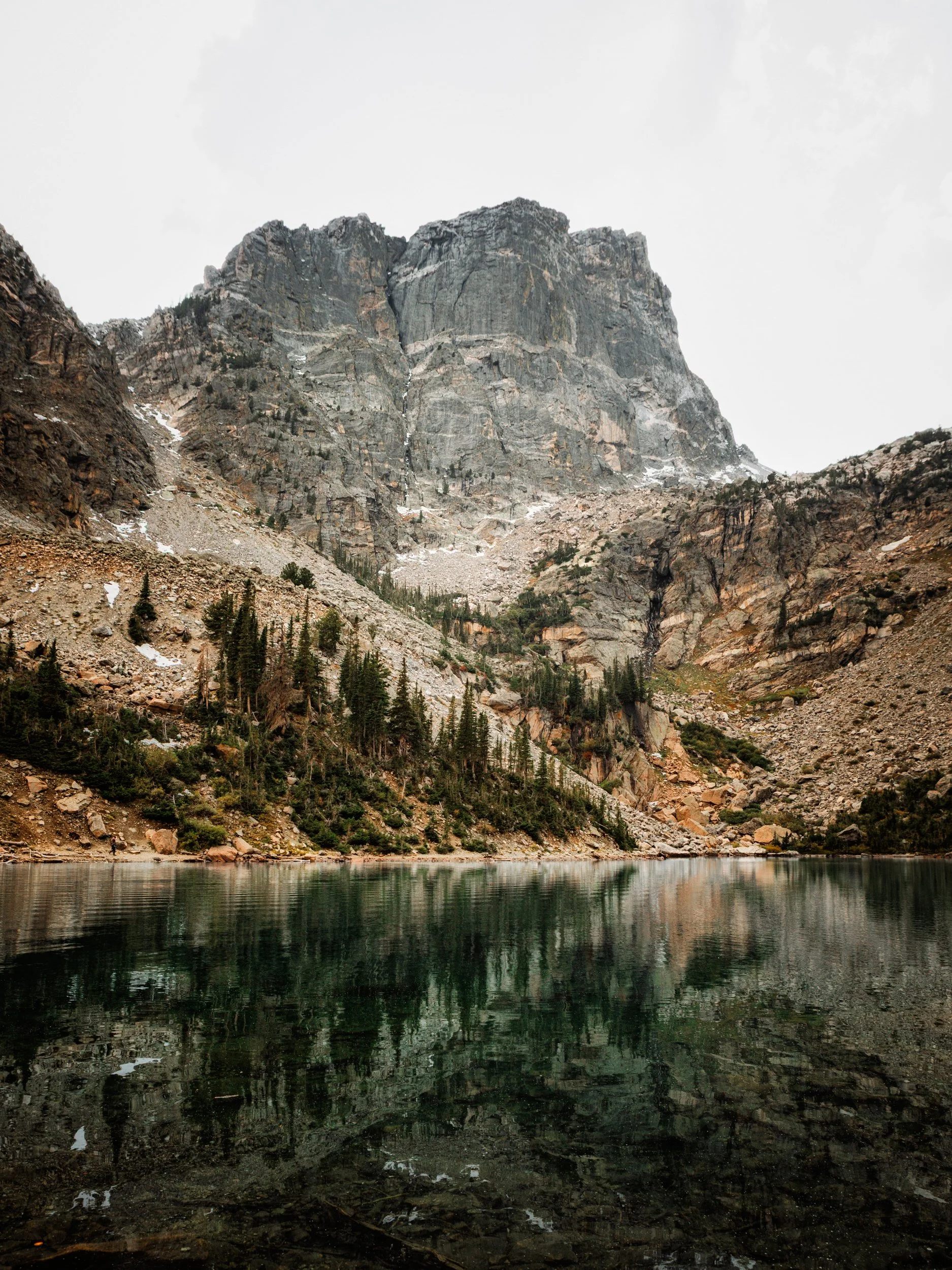 The view of Hallett Peak from Emerald Lake in Rocky Mountain National Park