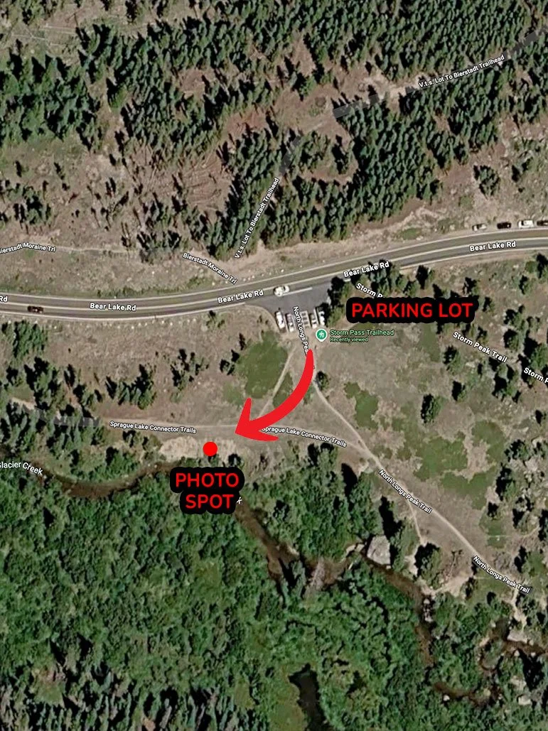 Satellite map showing the Storm Pass Trailhead pull-off location, Rocky Mountain National Park, Colorado