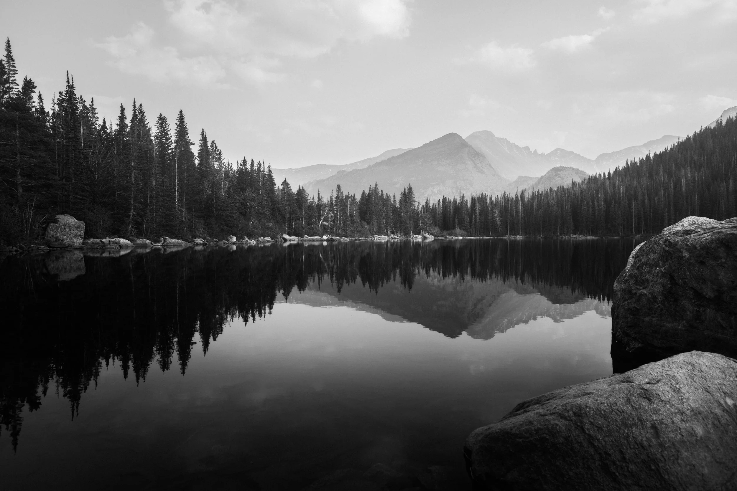 Black and white photograph of Bear Lake and the surrounding peaks at sunset, Rocky Mountain National Park, Colorado, by Ryan L. Smith