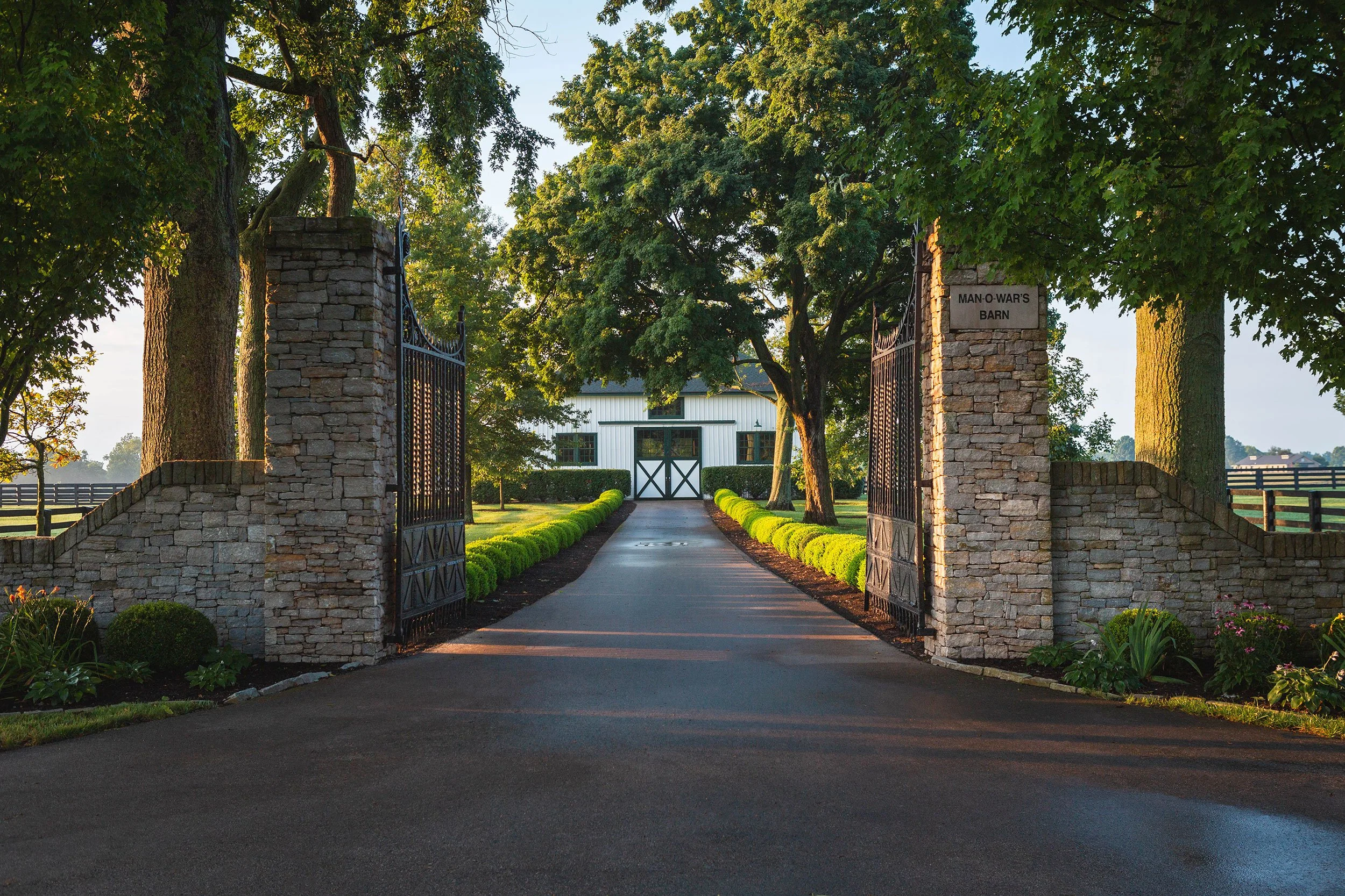 Entrance gate to Man-O-War's Barn, with stone pillars and black iron gates, opening onto a driveway lined with green bushes and trees, leading to a white barn-style building in the background, all under a clear sky.
