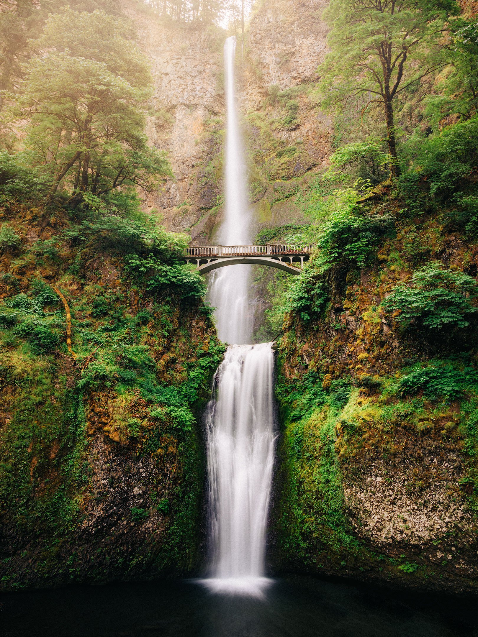 Multnomah Falls and the Benson Bridge surrounded by summer greenery in the Columbia River Gorge, Oregon, by Ryan L. Smith