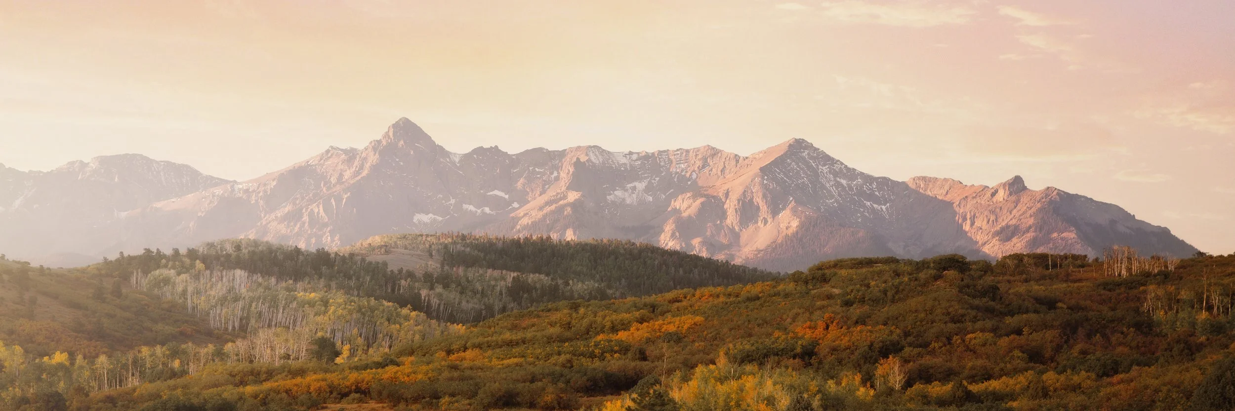 Golden sunrise over the San Juan Mountains at Dallas Divide, Colorado, panoramic landscape print by Ryan L. Smith