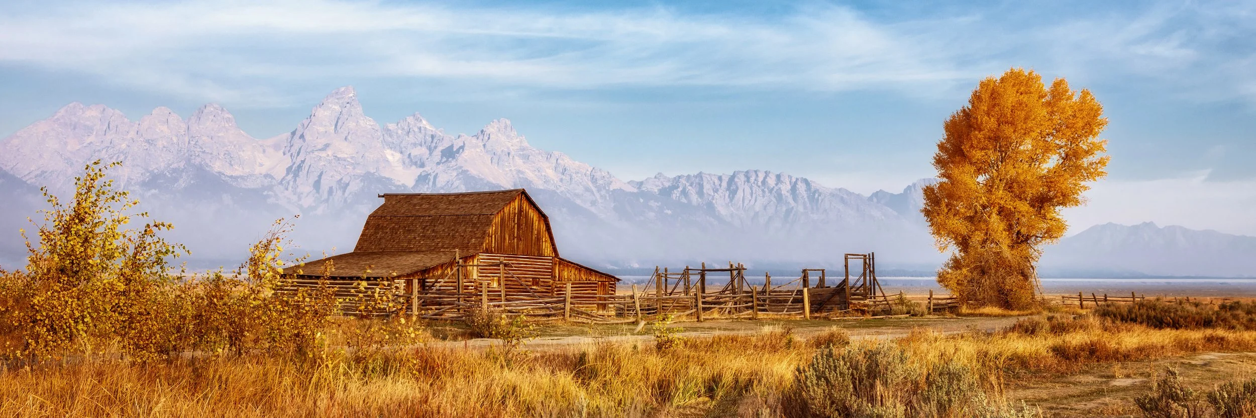 Panoramic view of the T.A. Moulton Barn beneath the Teton Range on Mormon Row, Grand Teton National Park, Wyoming, by Ryan L. Smith